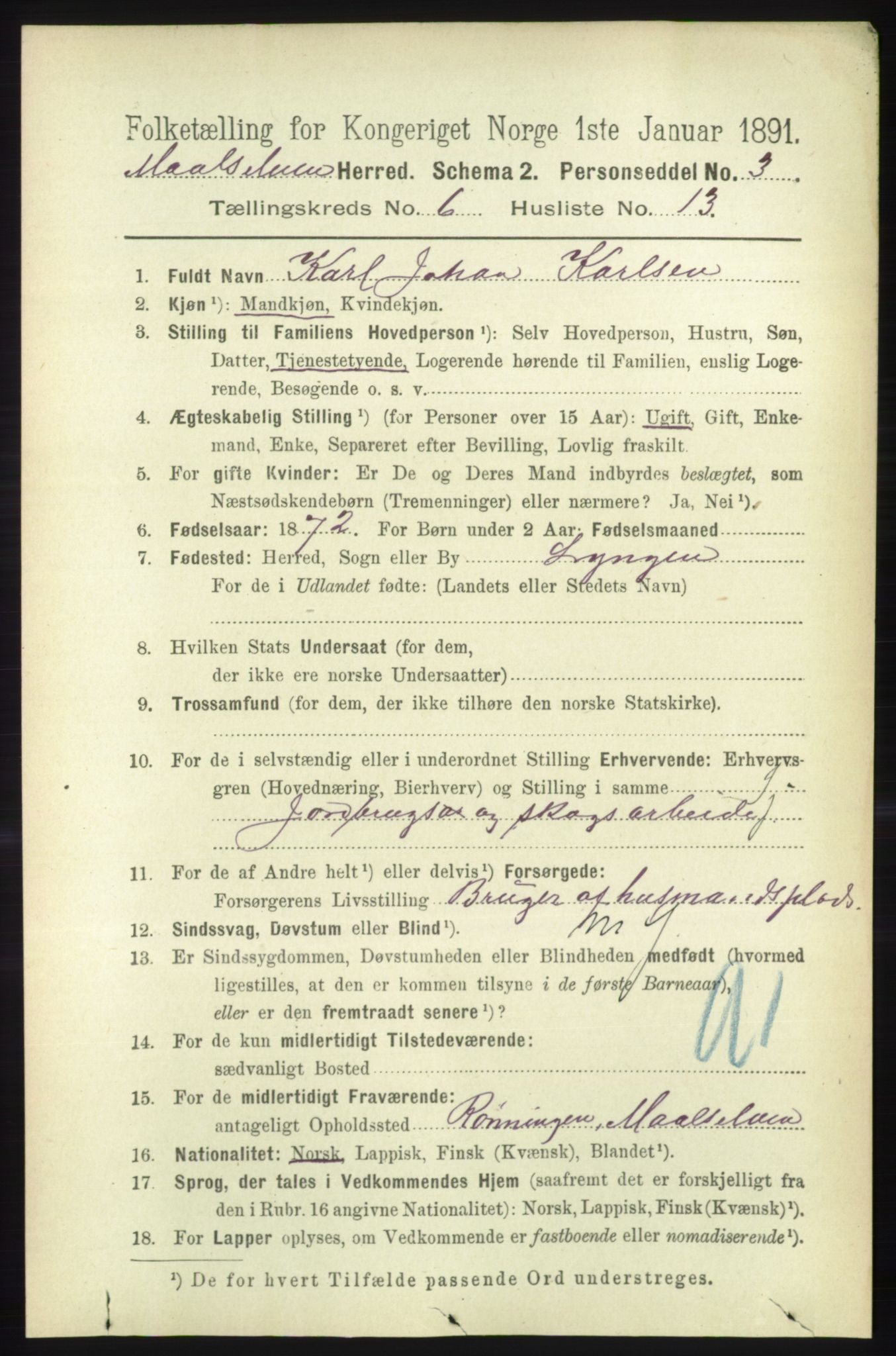 RA, 1891 census for 1924 Målselv, 1891, p. 2136