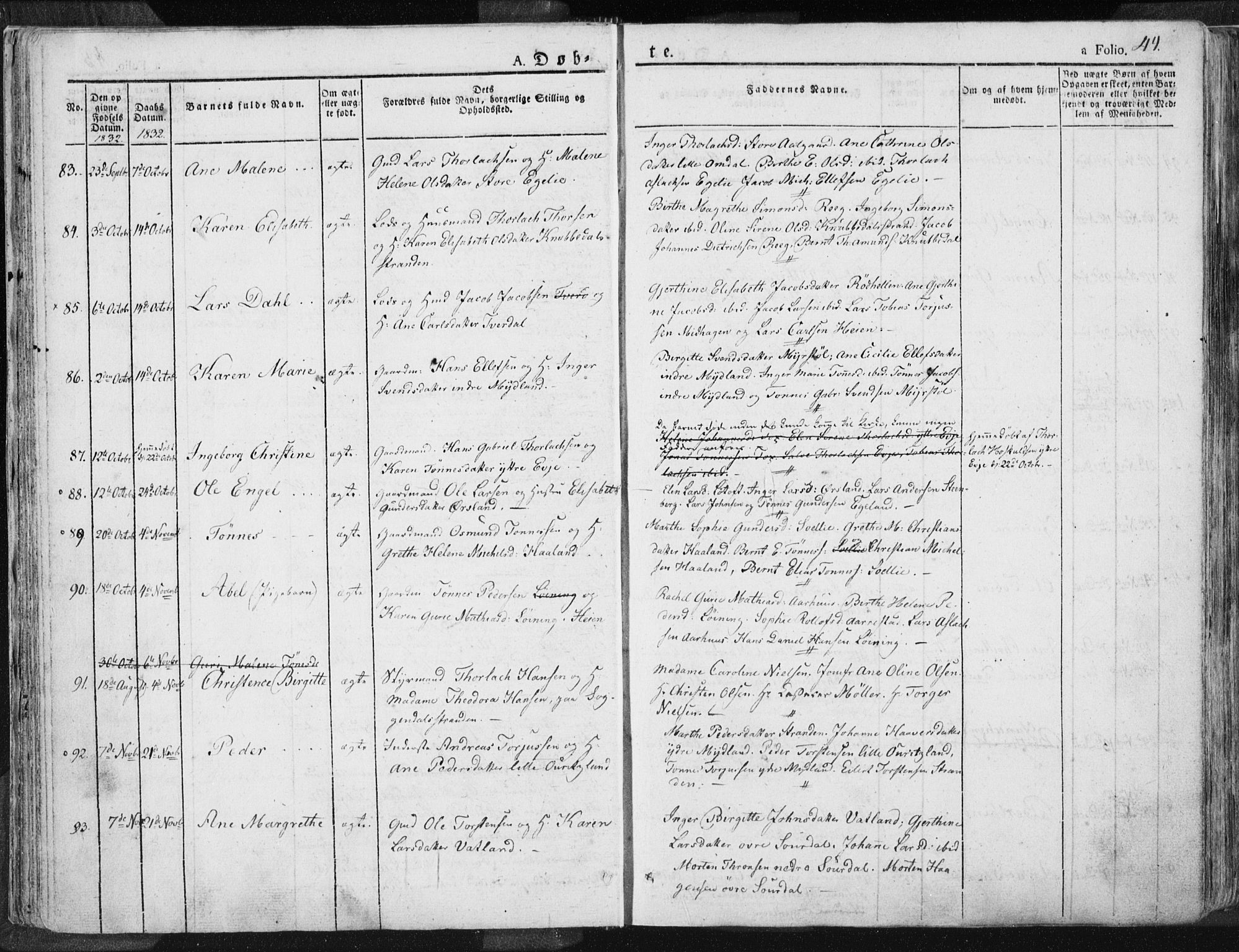 Sokndal sokneprestkontor, AV/SAST-A-101808: Parish register (official) no. A 7.1, 1826-1842, p. 44