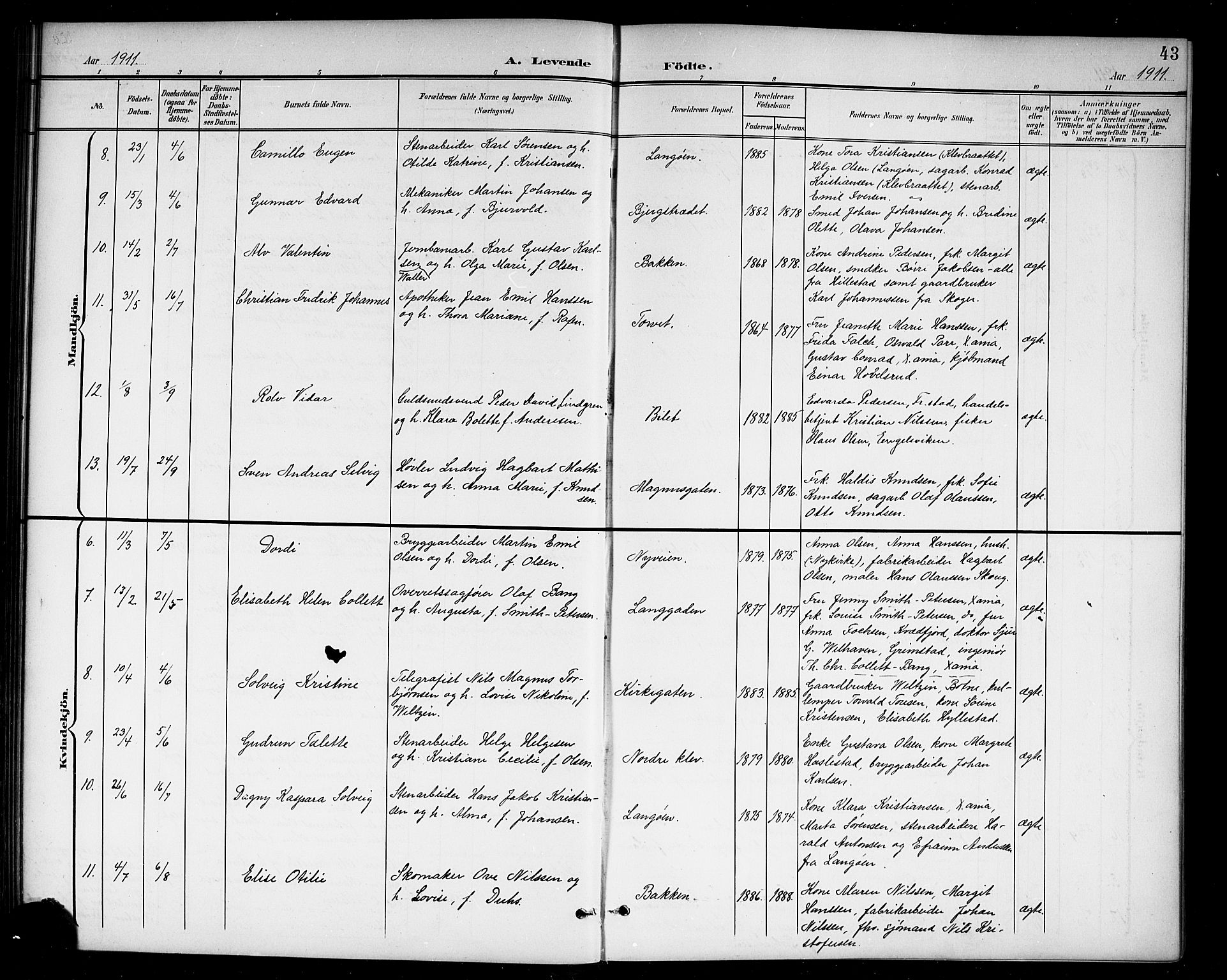 Holmestrand kirkebøker, AV/SAKO-A-346/G/Ga/L0006: Parish register (copy) no. 6, 1901-1923, p. 43