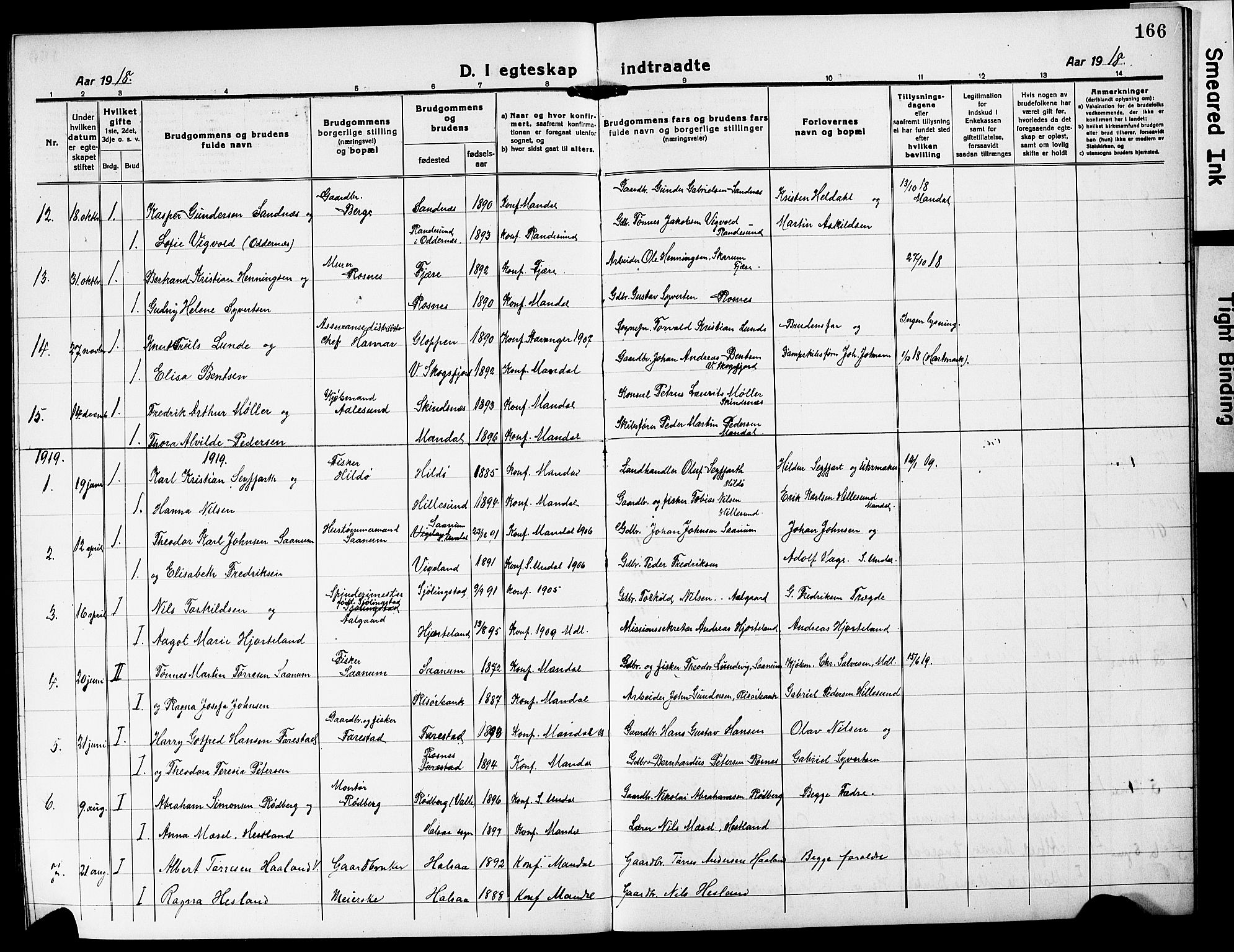 Mandal sokneprestkontor, SAK/1111-0030/F/Fb/Fba/L0013: Parish register (copy) no. B 7, 1918-1931, p. 166
