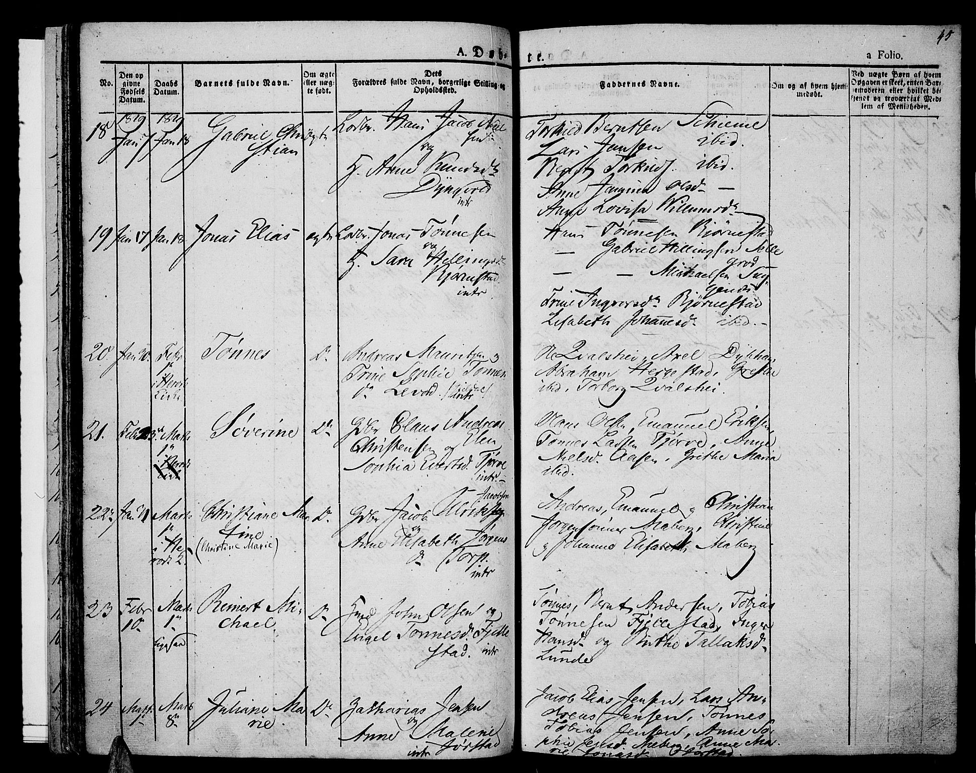 Lista sokneprestkontor, AV/SAK-1111-0027/F/Fa/L0008: Parish register (official) no. A 8, 1823-1835, p. 45