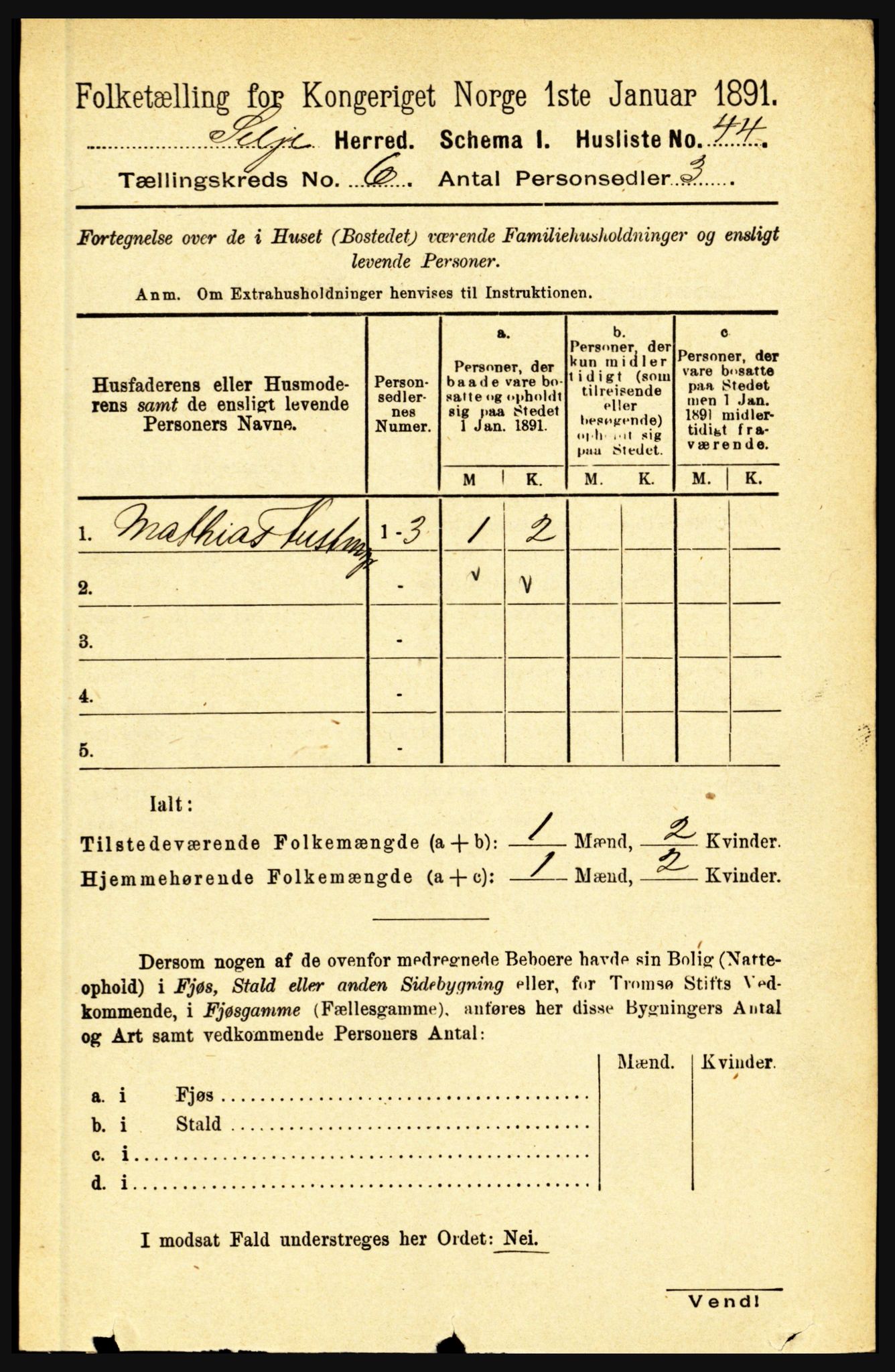 RA, 1891 census for 1441 Selje, 1891, p. 1660