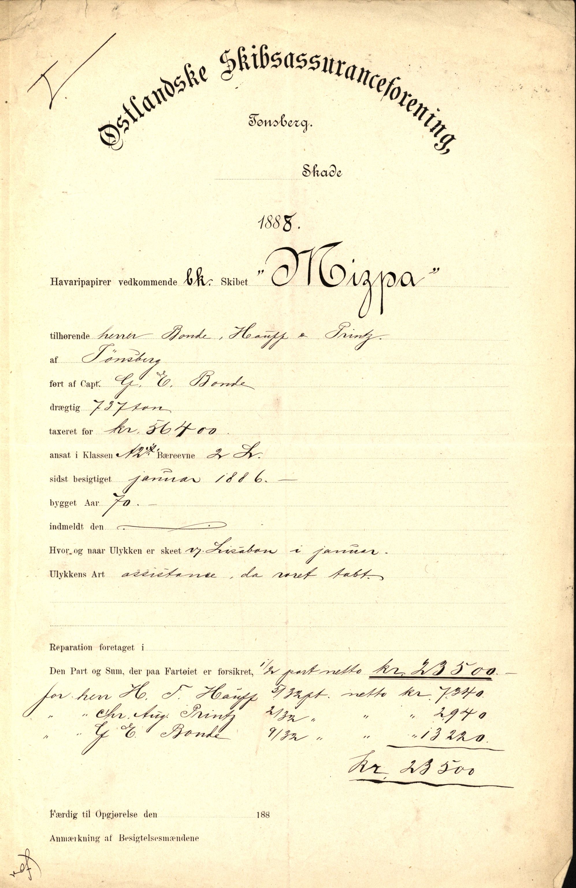 Pa 63 - Østlandske skibsassuranceforening, VEMU/A-1079/G/Ga/L0022/0008: Havaridokumenter / Magna av Haugesund, Marie, Mars, Mary, Mizpa, 1888, p. 46