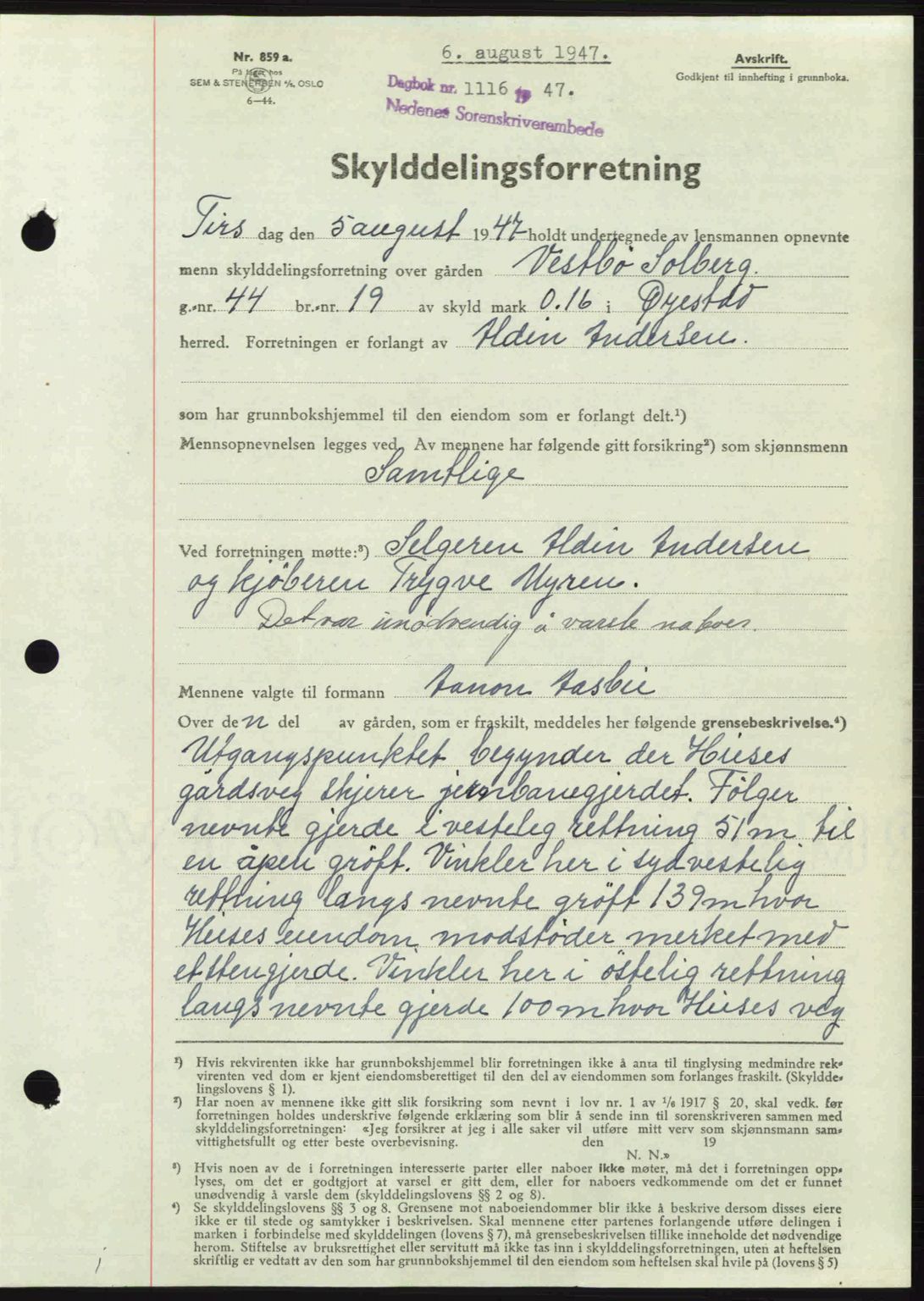 Nedenes sorenskriveri, SAK/1221-0006/G/Gb/Gba/L0057: Mortgage book no. A9, 1947-1947, Diary no: : 1116/1947