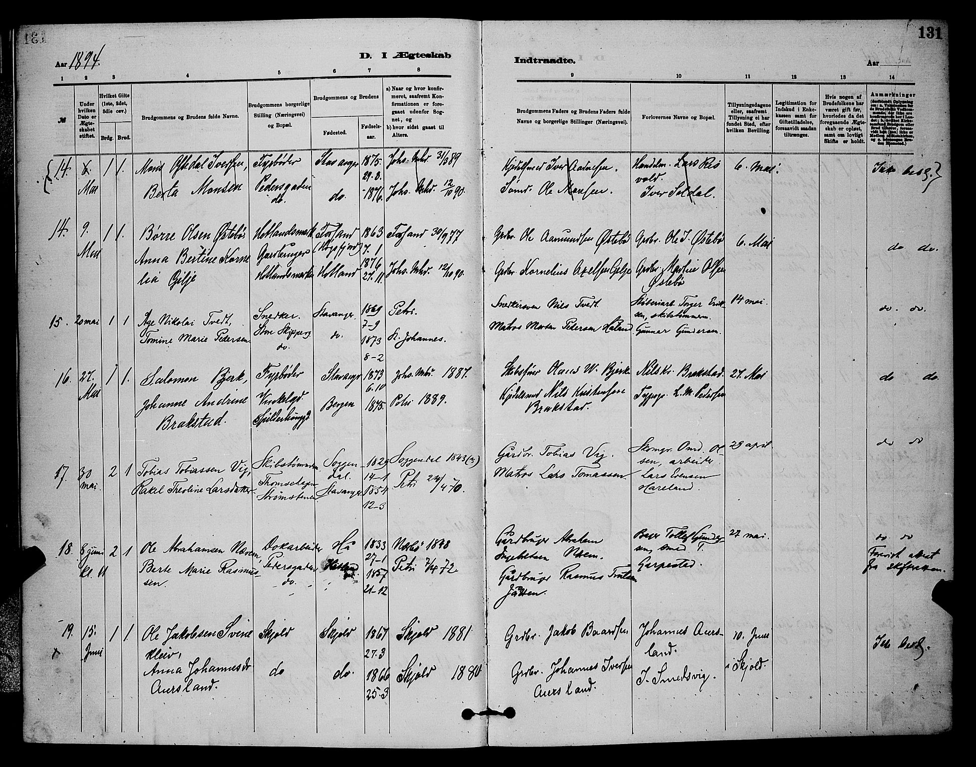 St. Johannes sokneprestkontor, AV/SAST-A-101814/001/30/30BB/L0001: Parish register (copy) no. B 1, 1885-1897, p. 131