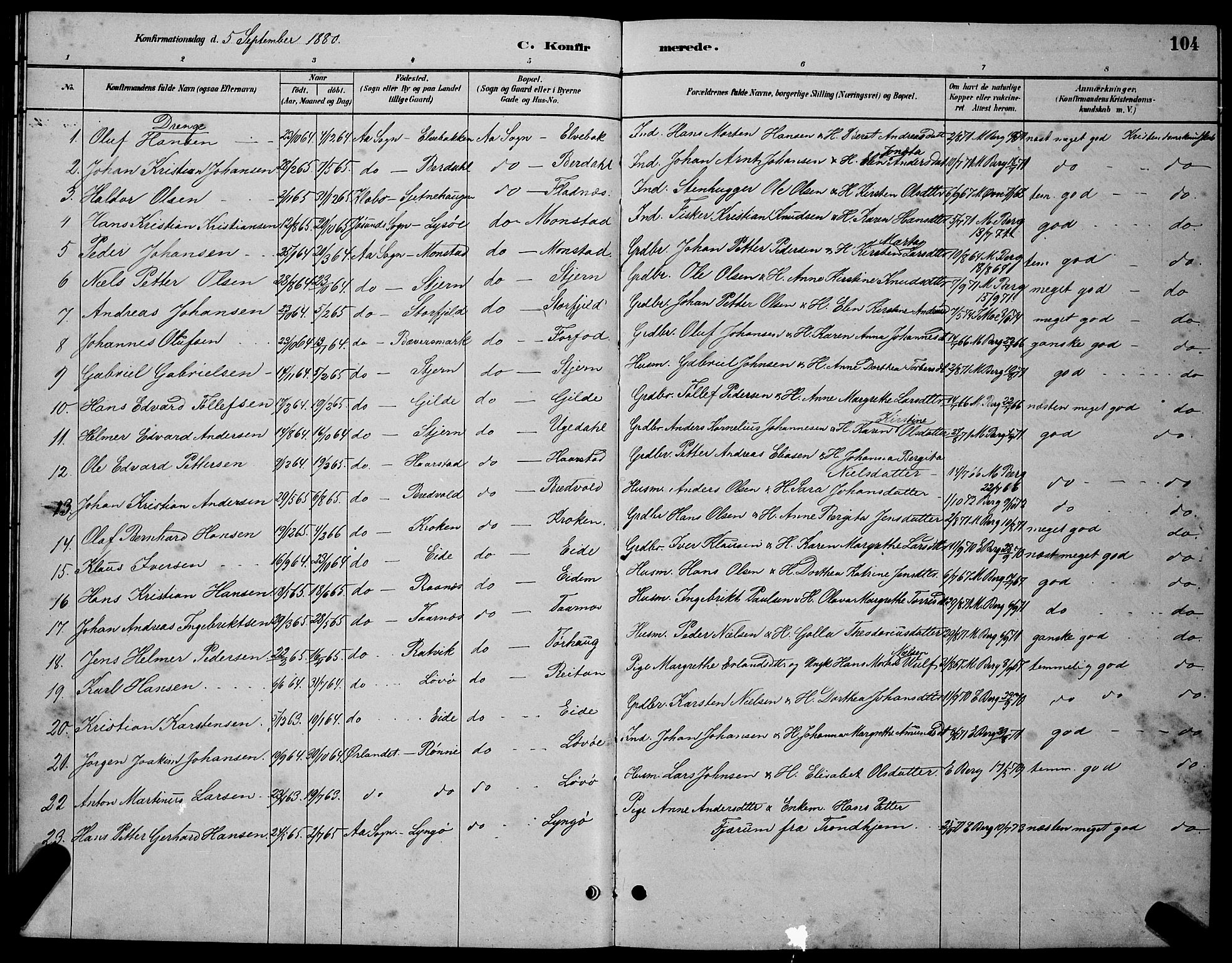 Ministerialprotokoller, klokkerbøker og fødselsregistre - Sør-Trøndelag, SAT/A-1456/655/L0687: Parish register (copy) no. 655C03, 1880-1898, p. 104