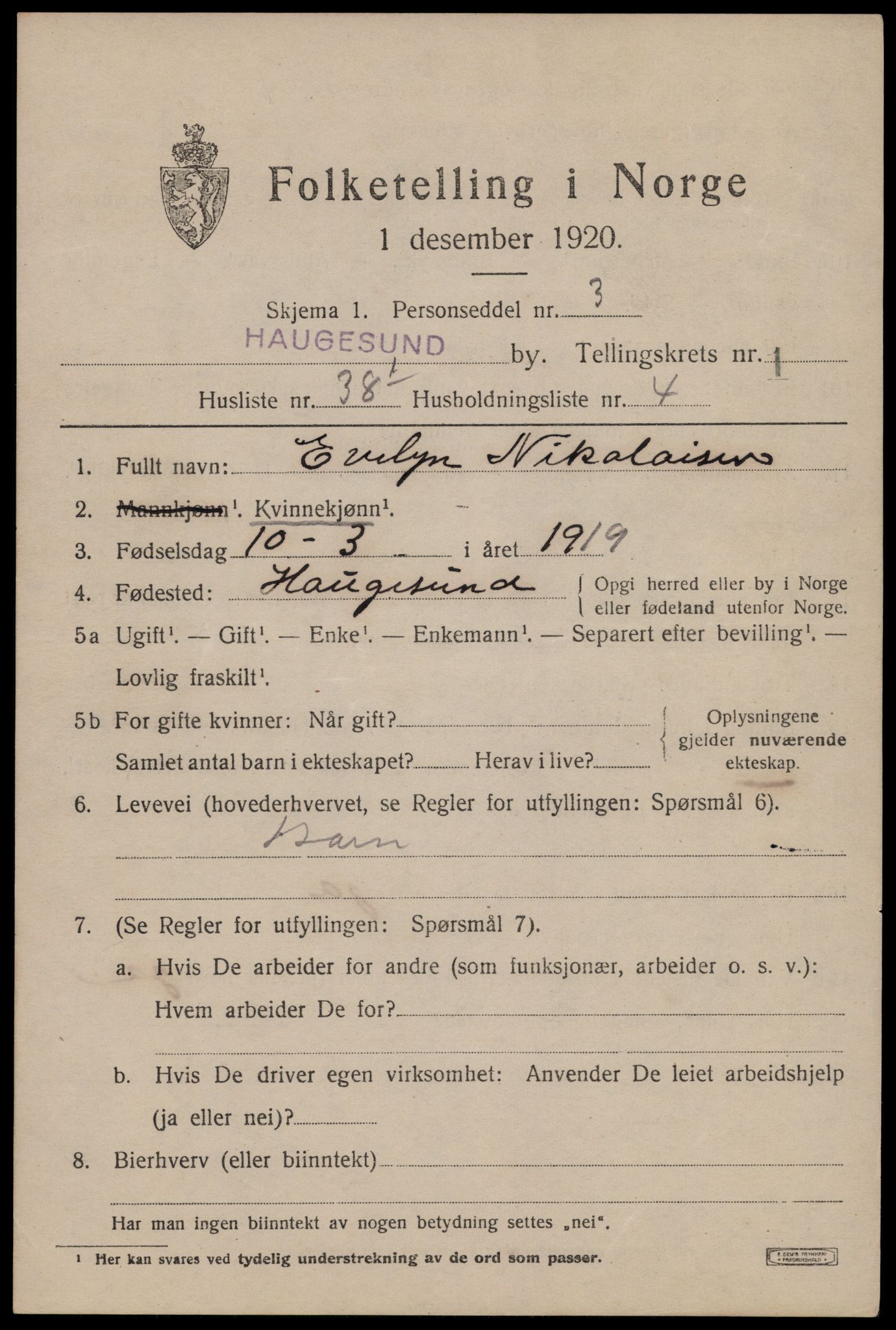 SAST, 1920 census for Haugesund, 1920, p. 12131