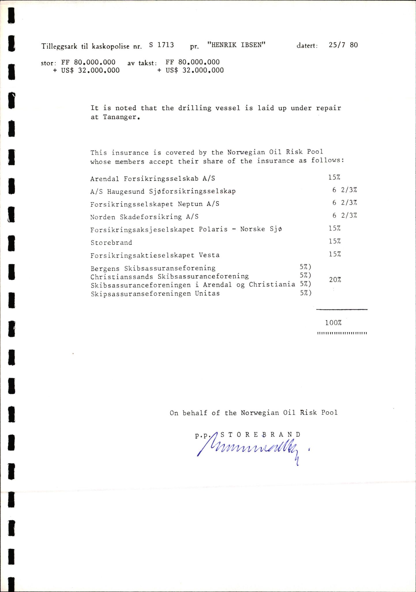 Pa 1503 - Stavanger Drilling AS, AV/SAST-A-101906/2/E/Ec/Eca/L0009: Forsikring, 1975-1980