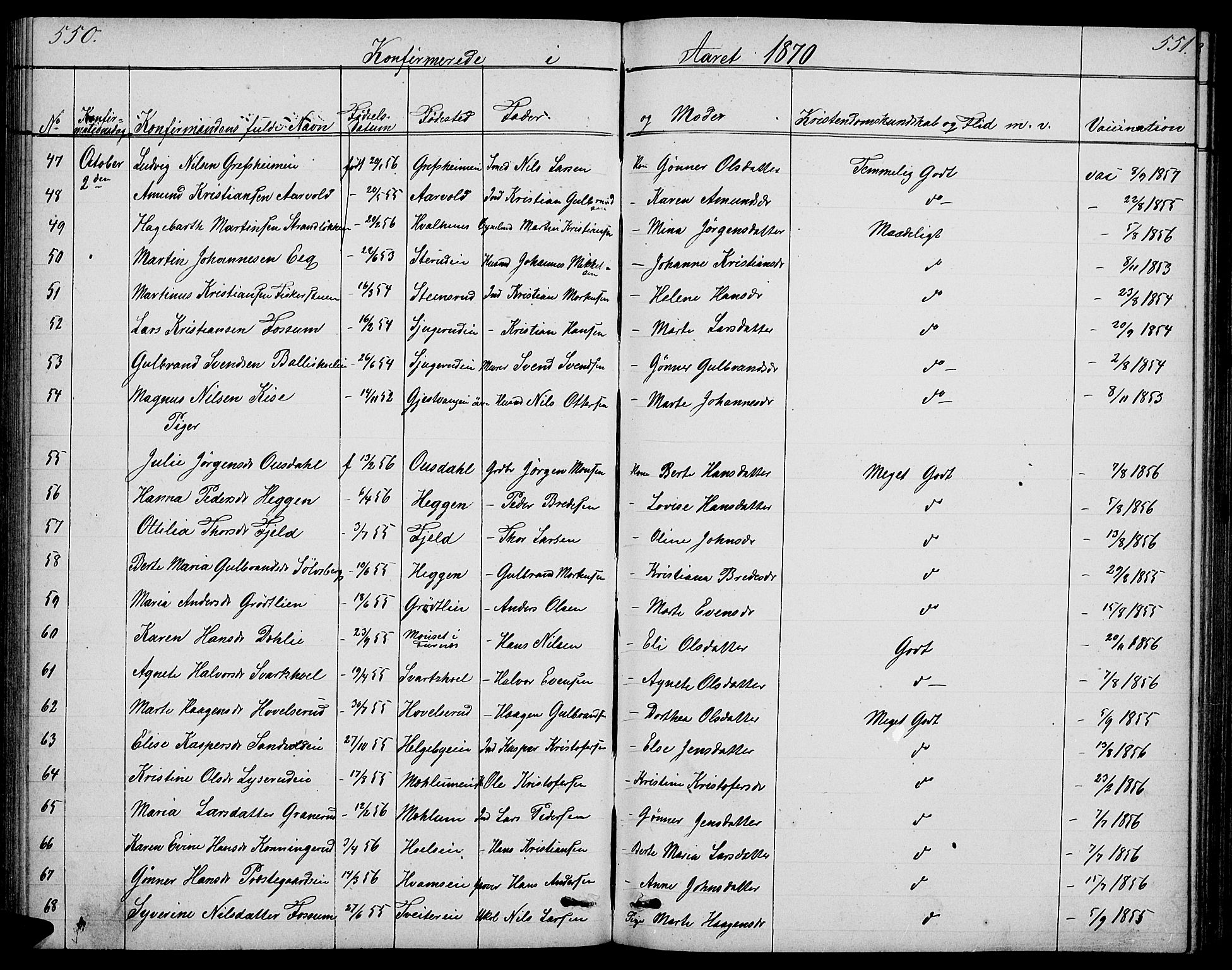 Nes prestekontor, Hedmark, SAH/PREST-020/L/La/L0005: Parish register (copy) no. 5, 1852-1889, p. 550-551