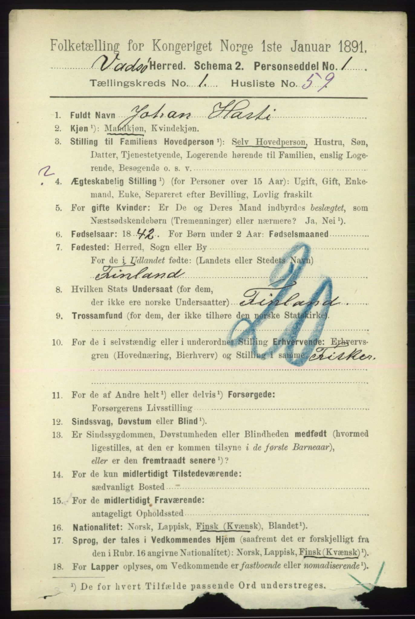 RA, 1891 census for 2029 Vadsø, 1891, p. 402