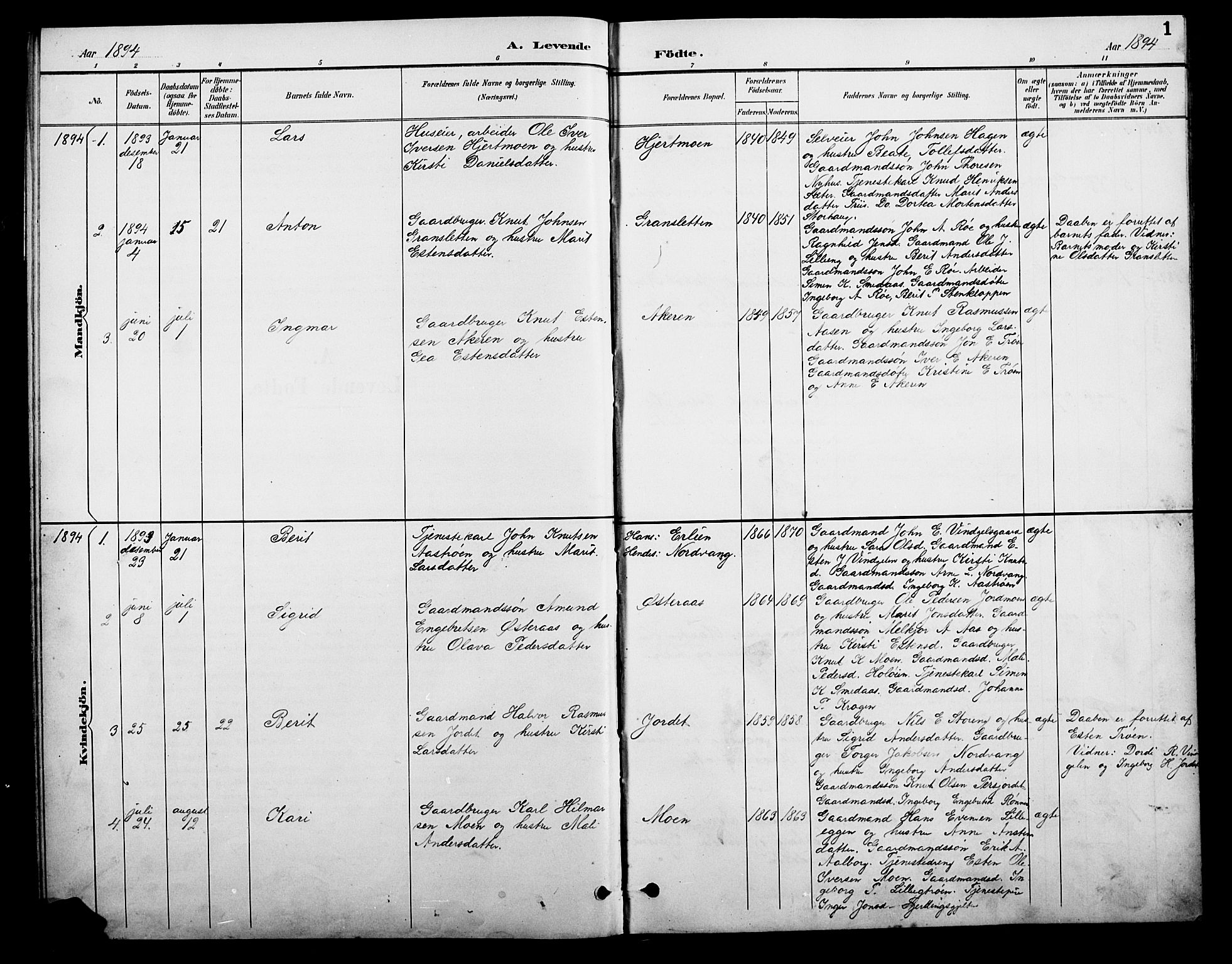 Tolga prestekontor, AV/SAH-PREST-062/L/L0010: Parish register (copy) no. 10, 1894-1918, p. 1