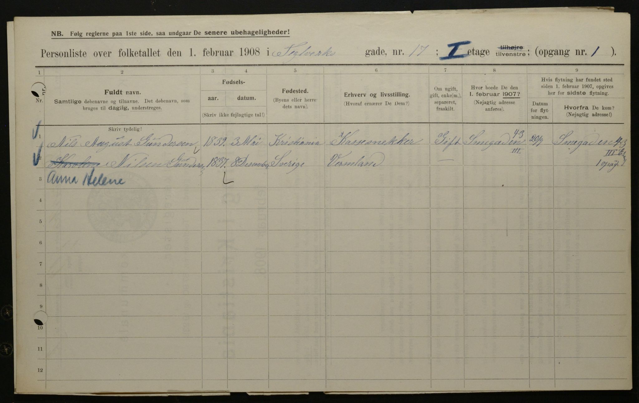 OBA, Municipal Census 1908 for Kristiania, 1908, p. 96682