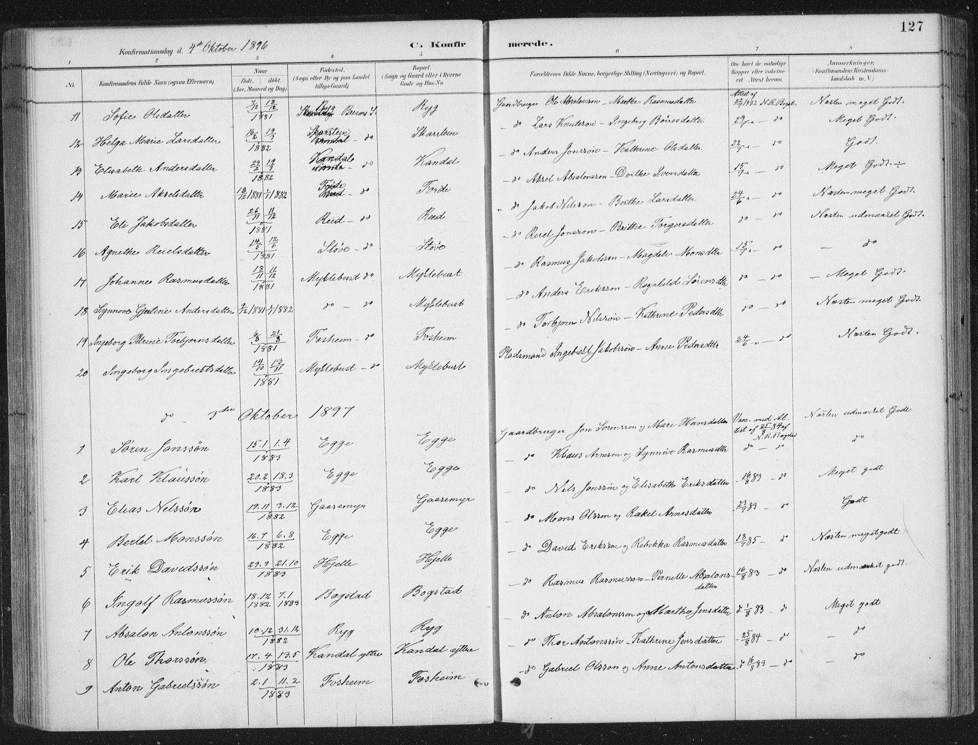 Gloppen sokneprestembete, SAB/A-80101/H/Haa/Haac/L0002: Parish register (official) no. C  2, 1887-1904, p. 127