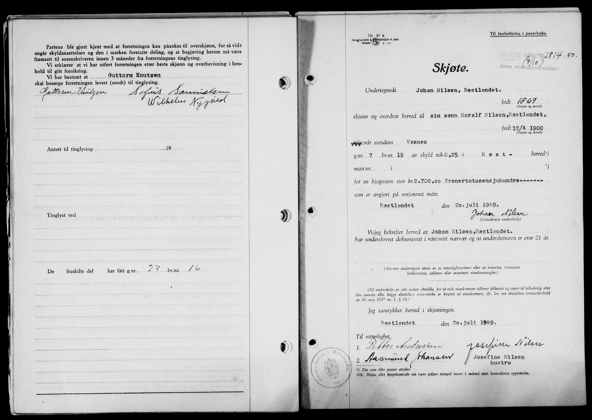 Lofoten sorenskriveri, SAT/A-0017/1/2/2C/L0024a: Mortgage book no. 24a, 1950-1950, Diary no: : 2814/1950