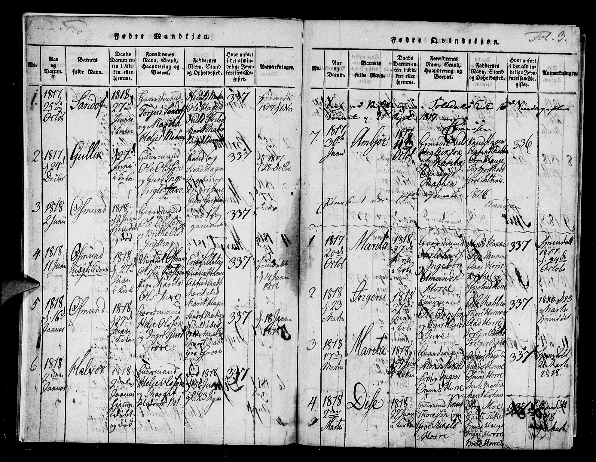 Røldal sokneprestembete, SAB/A-100247: Parish register (official) no. A 2, 1817-1856, p. 3