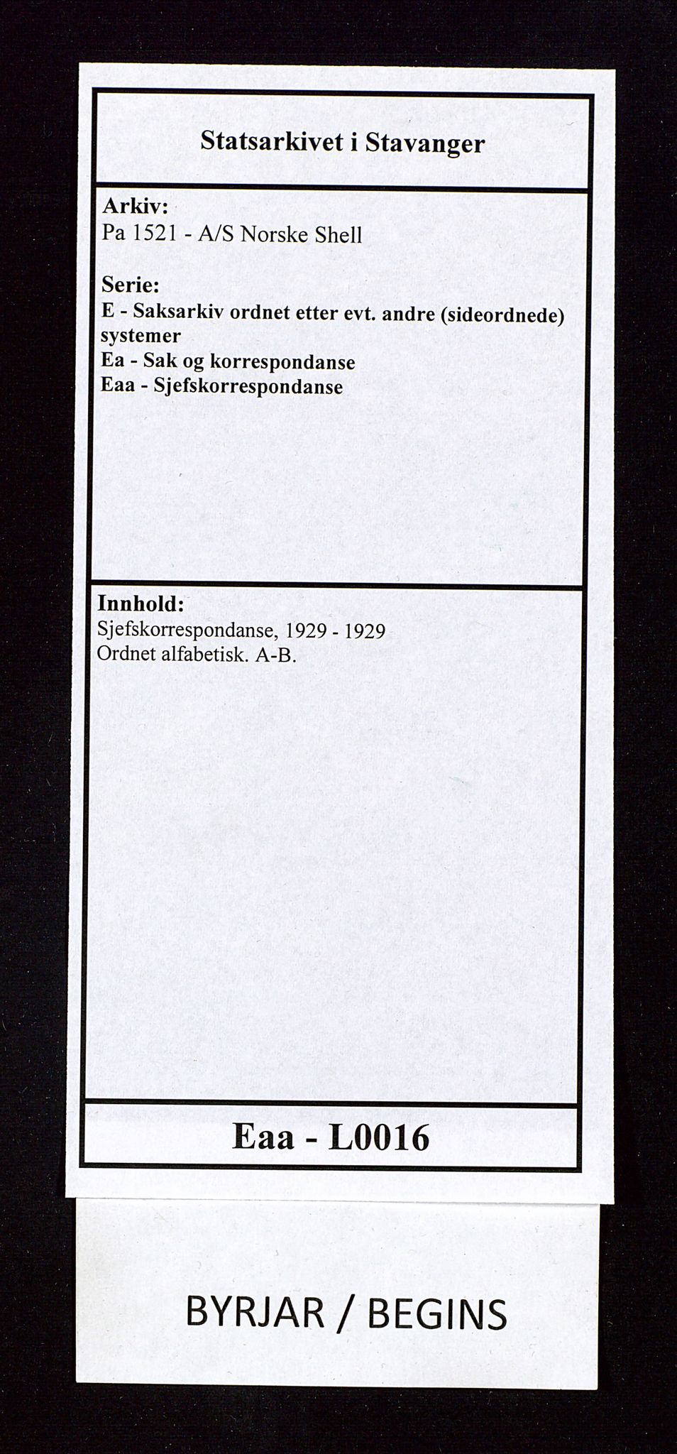 Pa 1521 - A/S Norske Shell, SAST/A-101915/E/Ea/Eaa/L0016: Sjefskorrespondanse, 1929, p. 1