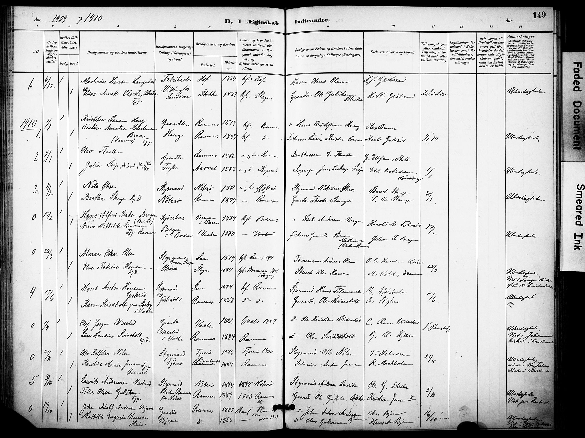 Ramnes kirkebøker, AV/SAKO-A-314/F/Fa/L0008: Parish register (official) no. I 8, 1896-1913, p. 149