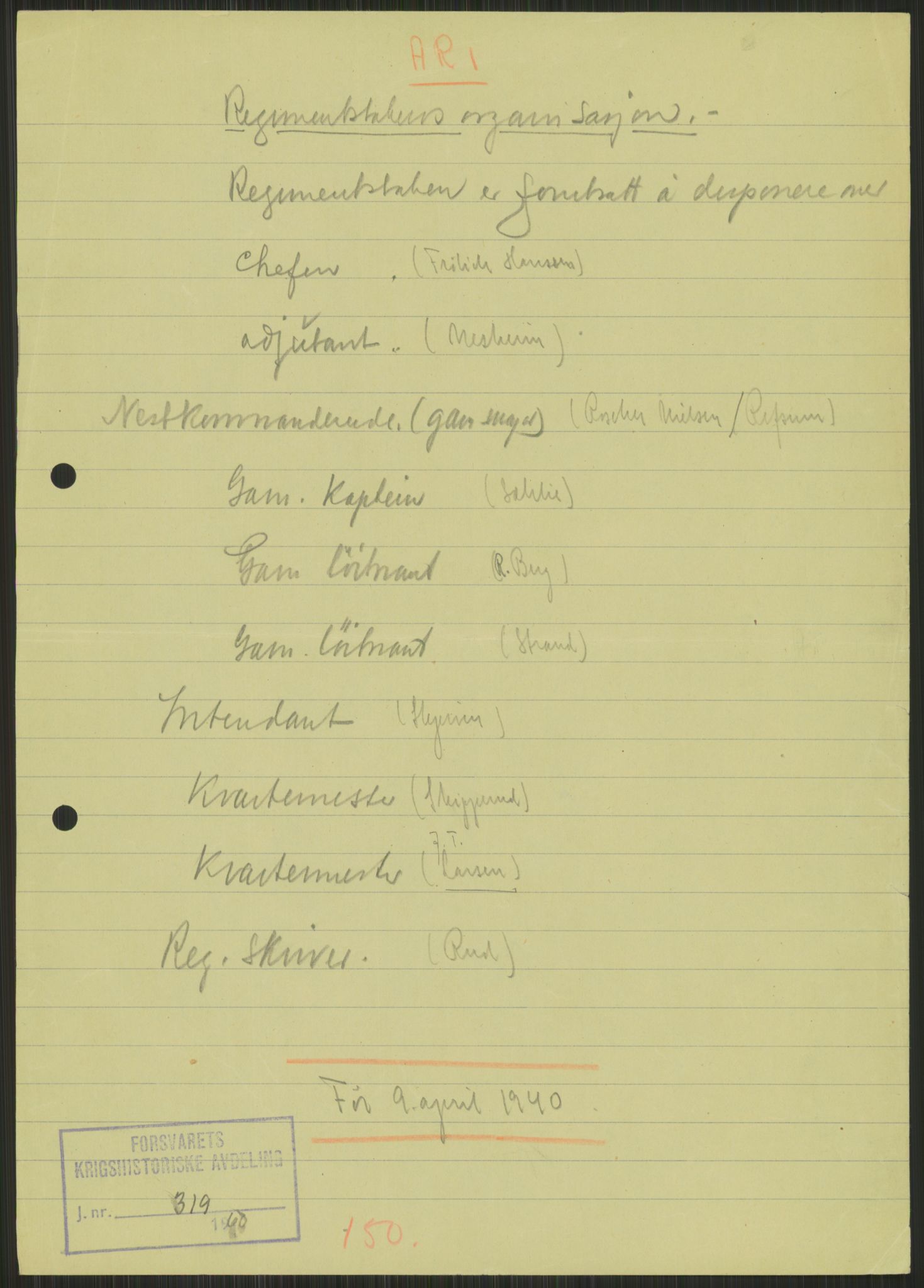 Forsvaret, Forsvarets krigshistoriske avdeling, AV/RA-RAFA-2017/Y/Yb/L0057: II-C-11-150-161  -  1. Divisjon, 1940-1955, p. 5