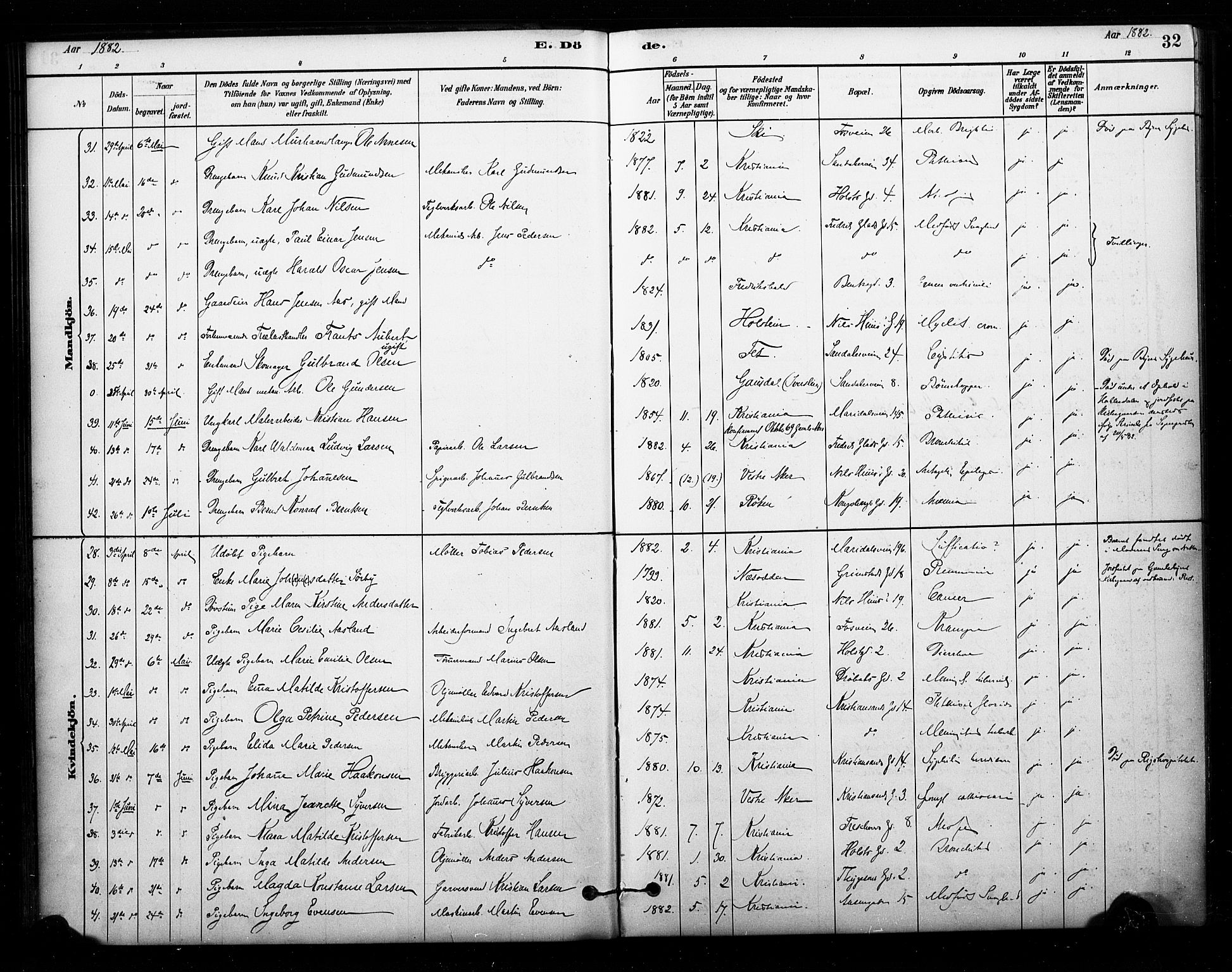 Sagene prestekontor Kirkebøker, AV/SAO-A-10796/F/L0003: Parish register (official) no. 3, 1880-1922, p. 32