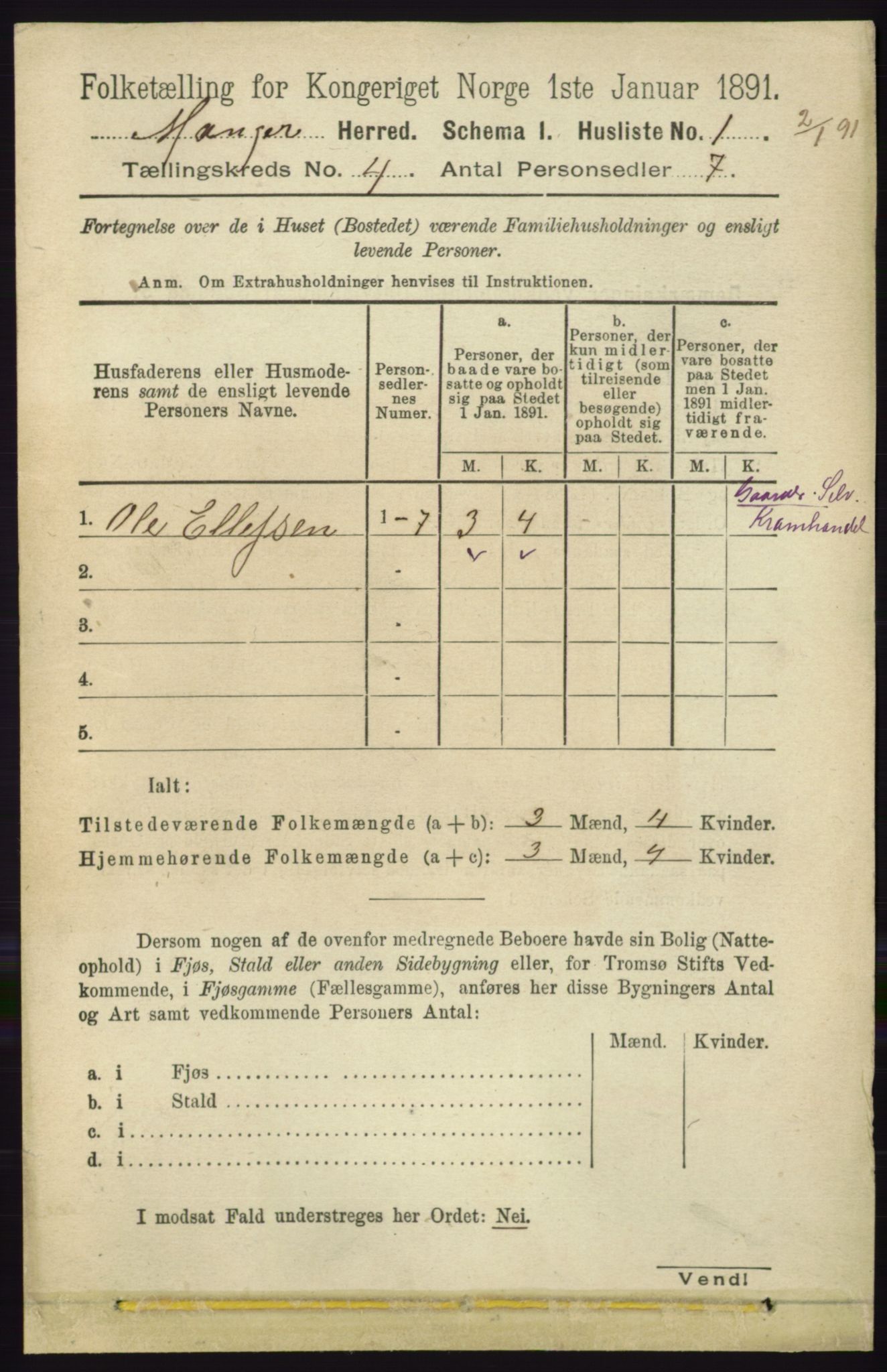 RA, 1891 census for 1261 Manger, 1891, p. 1858
