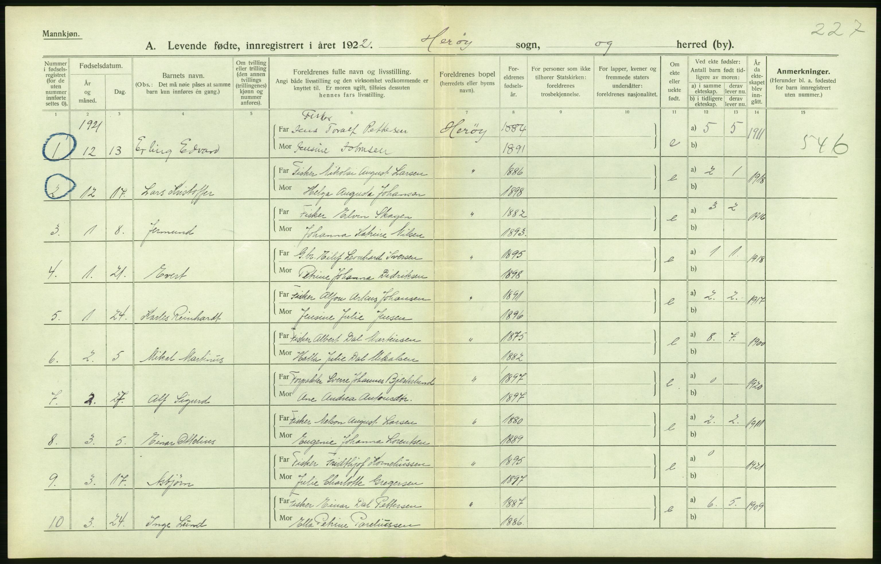 Statistisk sentralbyrå, Sosiodemografiske emner, Befolkning, RA/S-2228/D/Df/Dfc/Dfcb/L0044: Nordland fylke: Levendefødte menn og kvinner. Bygder og byer., 1922, p. 180