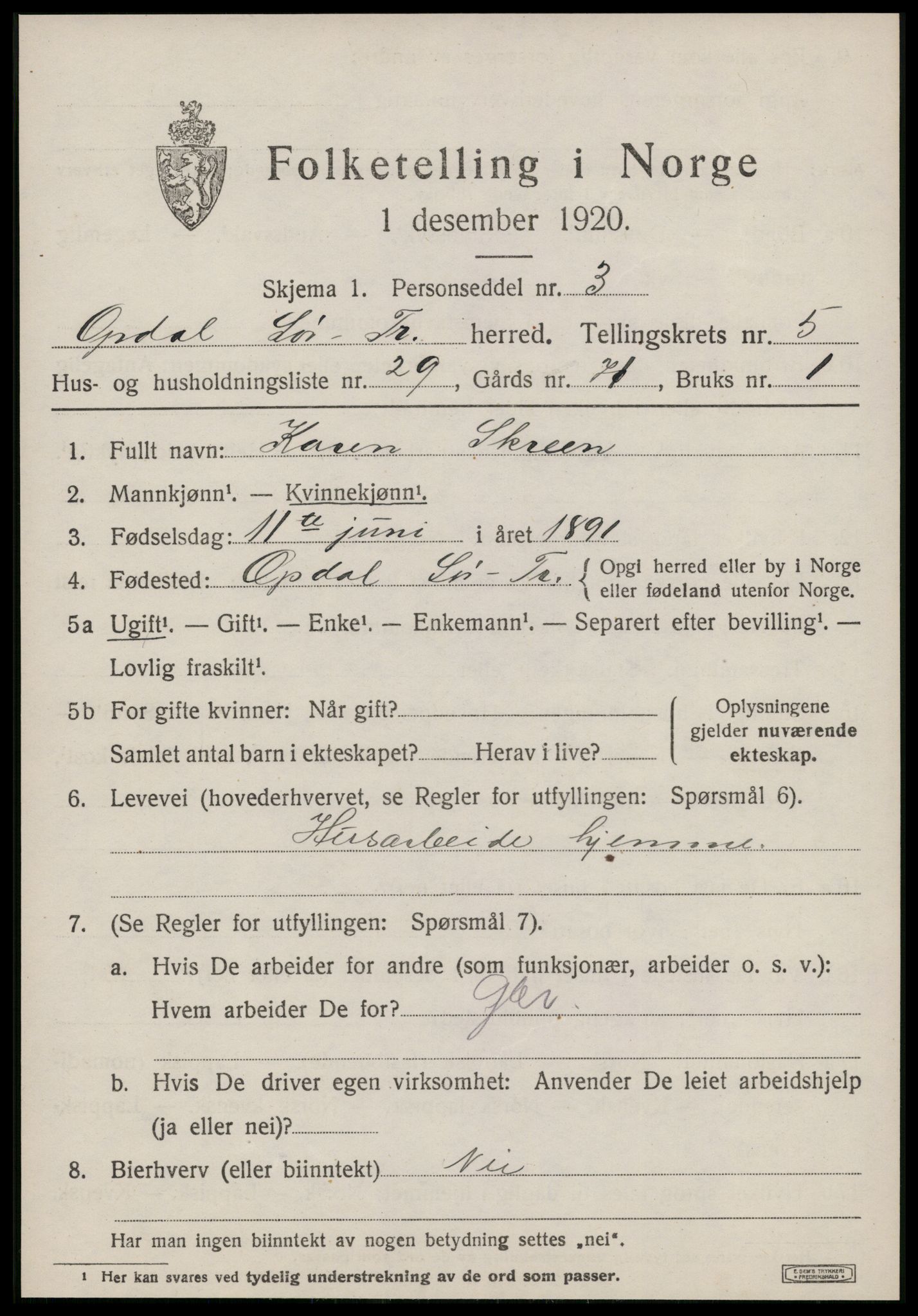 SAT, 1920 census for Oppdal, 1920, p. 5285