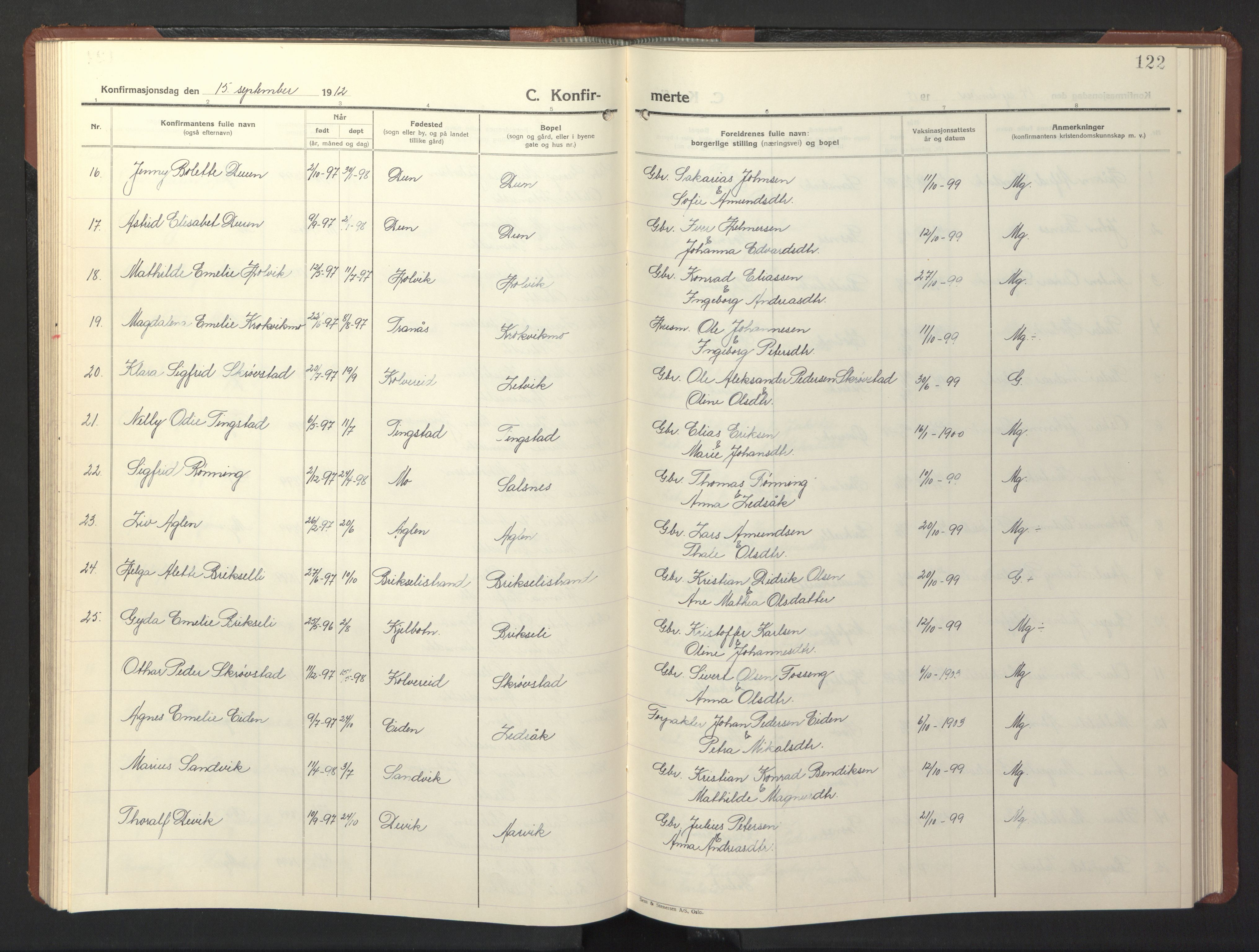 Ministerialprotokoller, klokkerbøker og fødselsregistre - Nord-Trøndelag, SAT/A-1458/773/L0625: Parish register (copy) no. 773C01, 1910-1952, p. 122