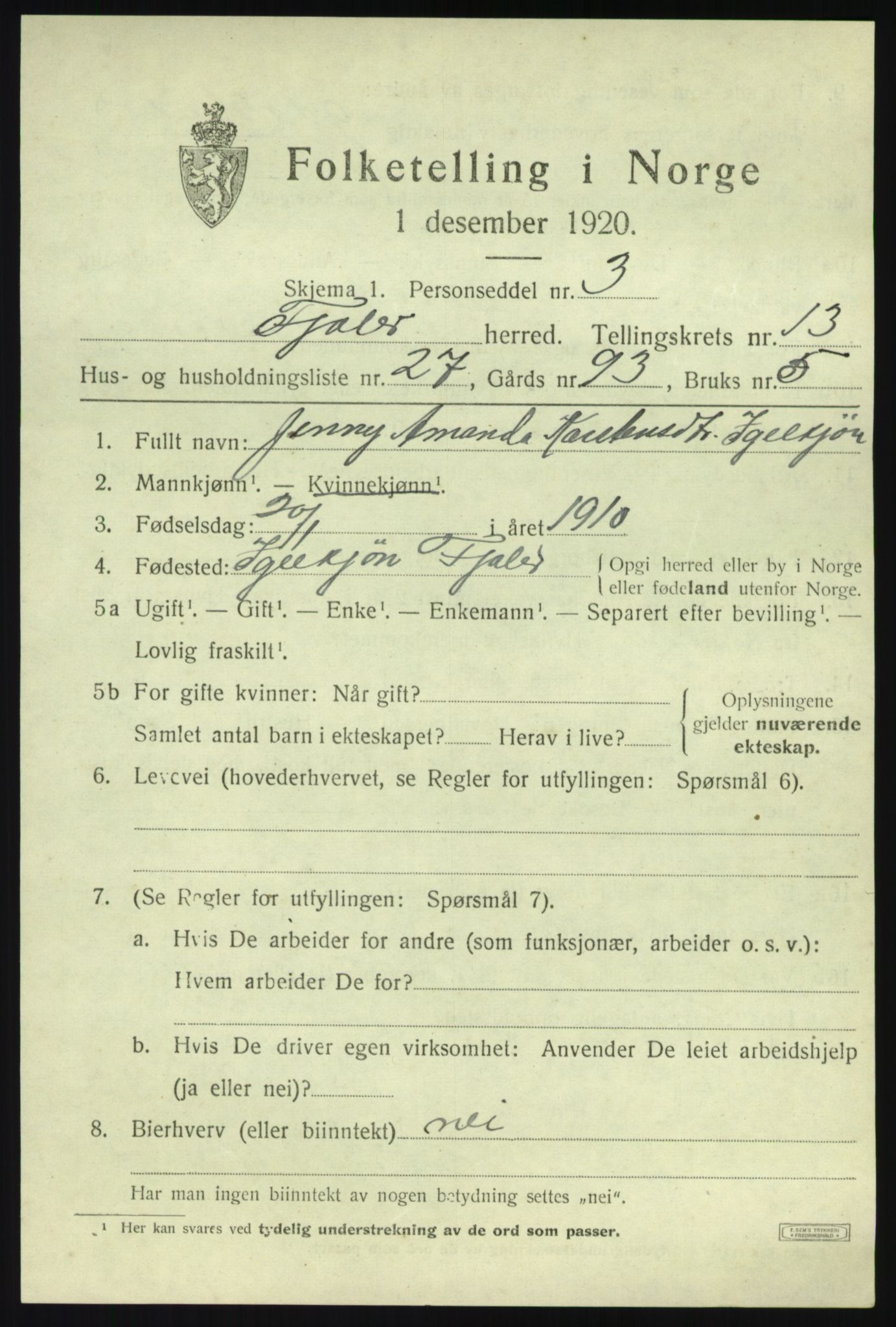 SAB, 1920 census for Fjaler, 1920, p. 7515