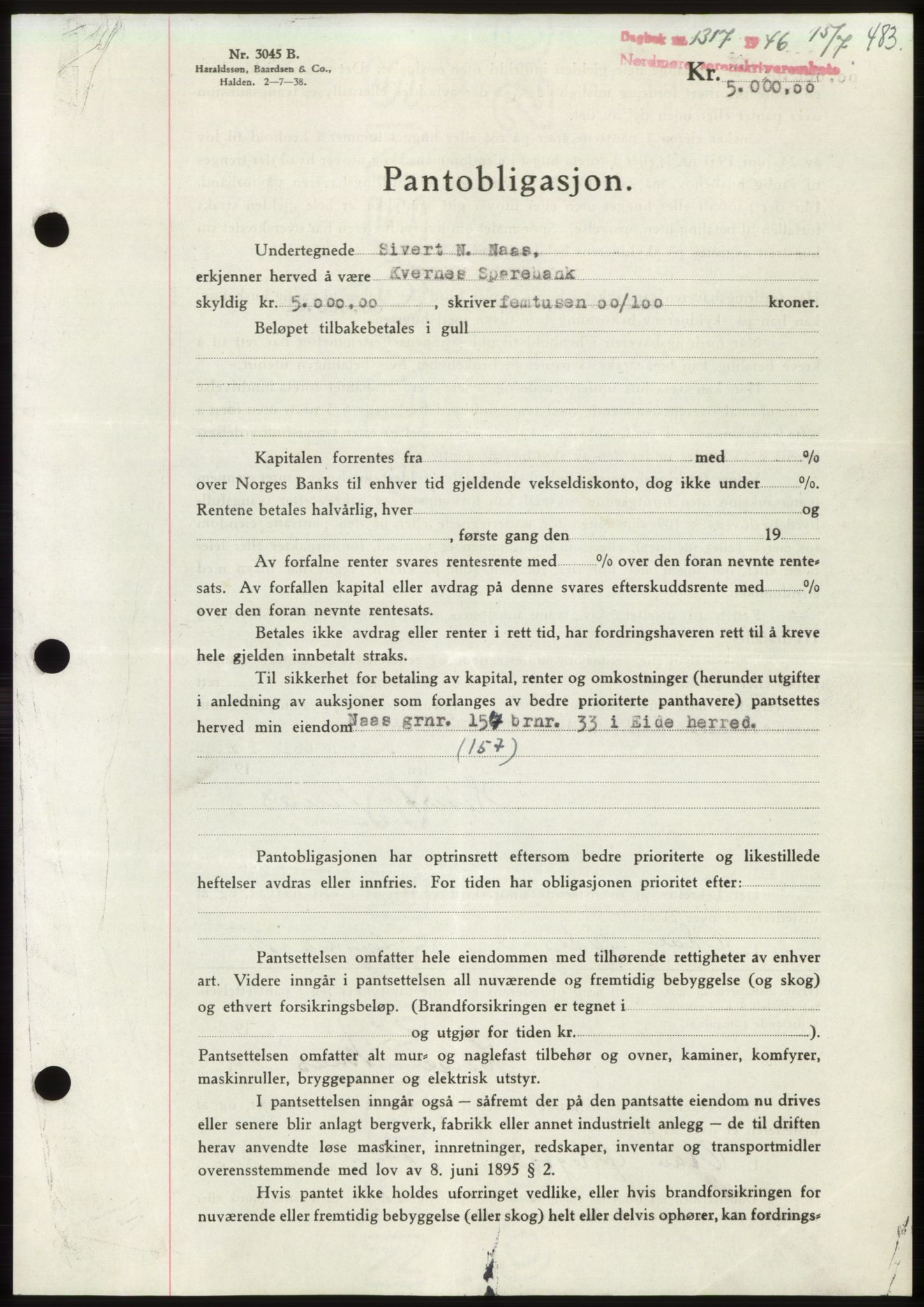 Nordmøre sorenskriveri, AV/SAT-A-4132/1/2/2Ca: Mortgage book no. B94, 1946-1946, Diary no: : 1317/1946