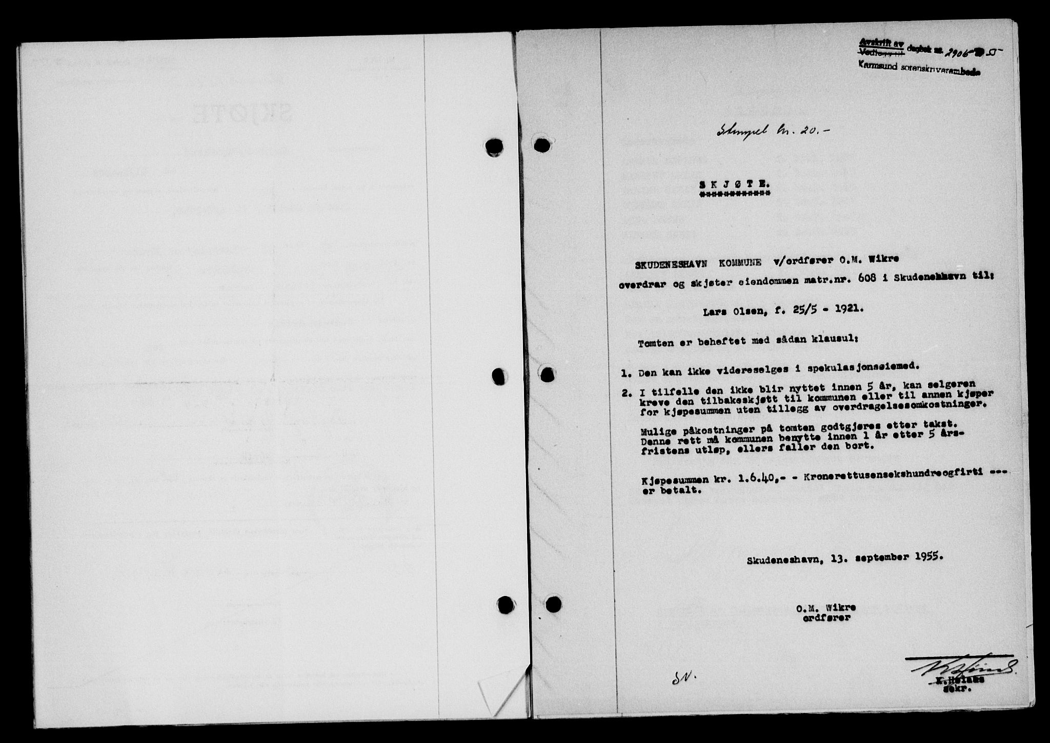 Karmsund sorenskriveri, SAST/A-100311/01/II/IIB/L0117: Mortgage book no. 97Aa, 1955-1955, Diary no: : 2905/1955