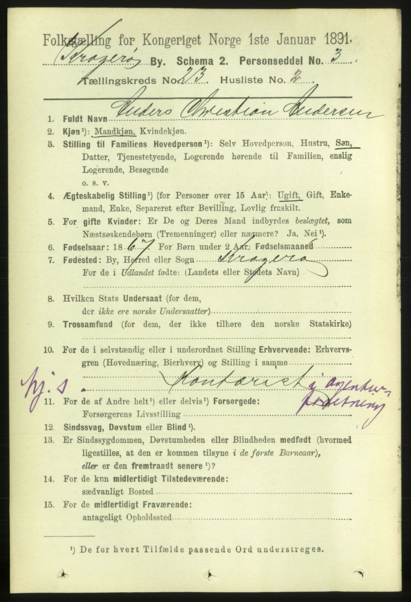 RA, 1891 census for 0801 Kragerø, 1891, p. 4892