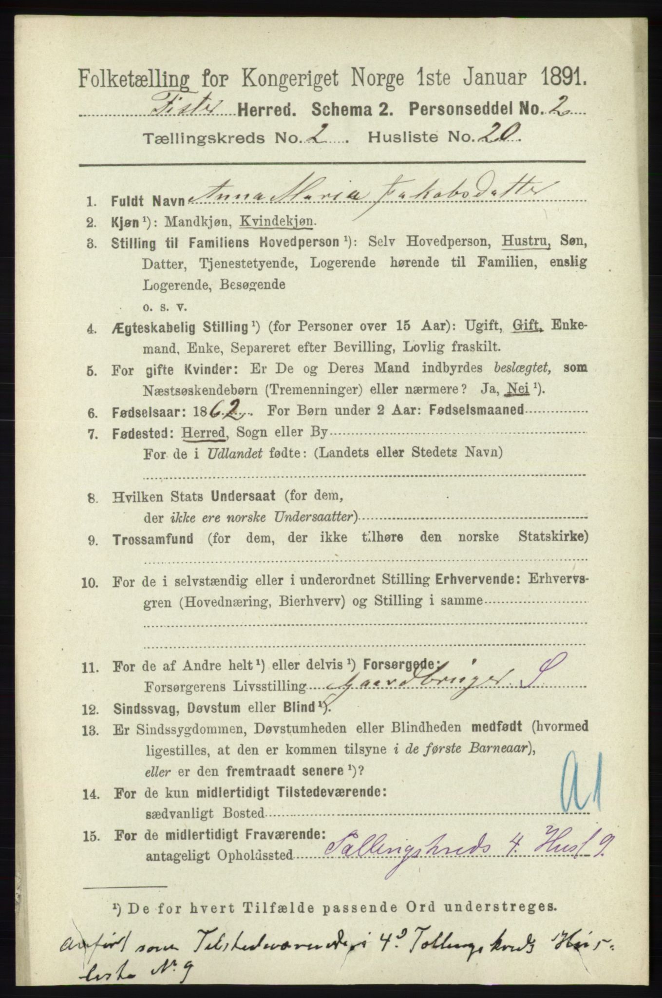 RA, 1891 census for 1132 Fister, 1891, p. 464