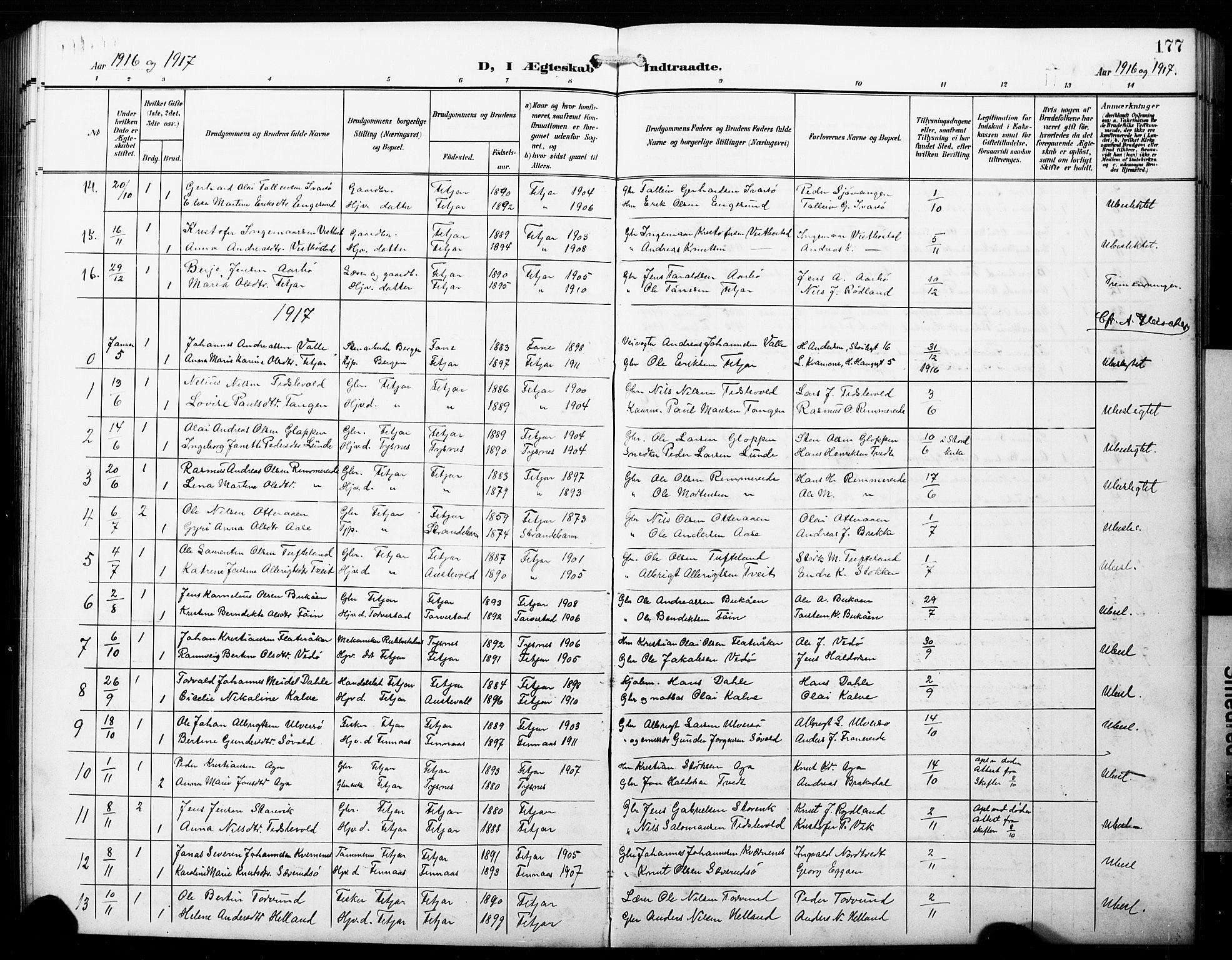 Fitjar sokneprestembete, SAB/A-99926: Parish register (copy) no. B 1, 1906-1928, p. 177