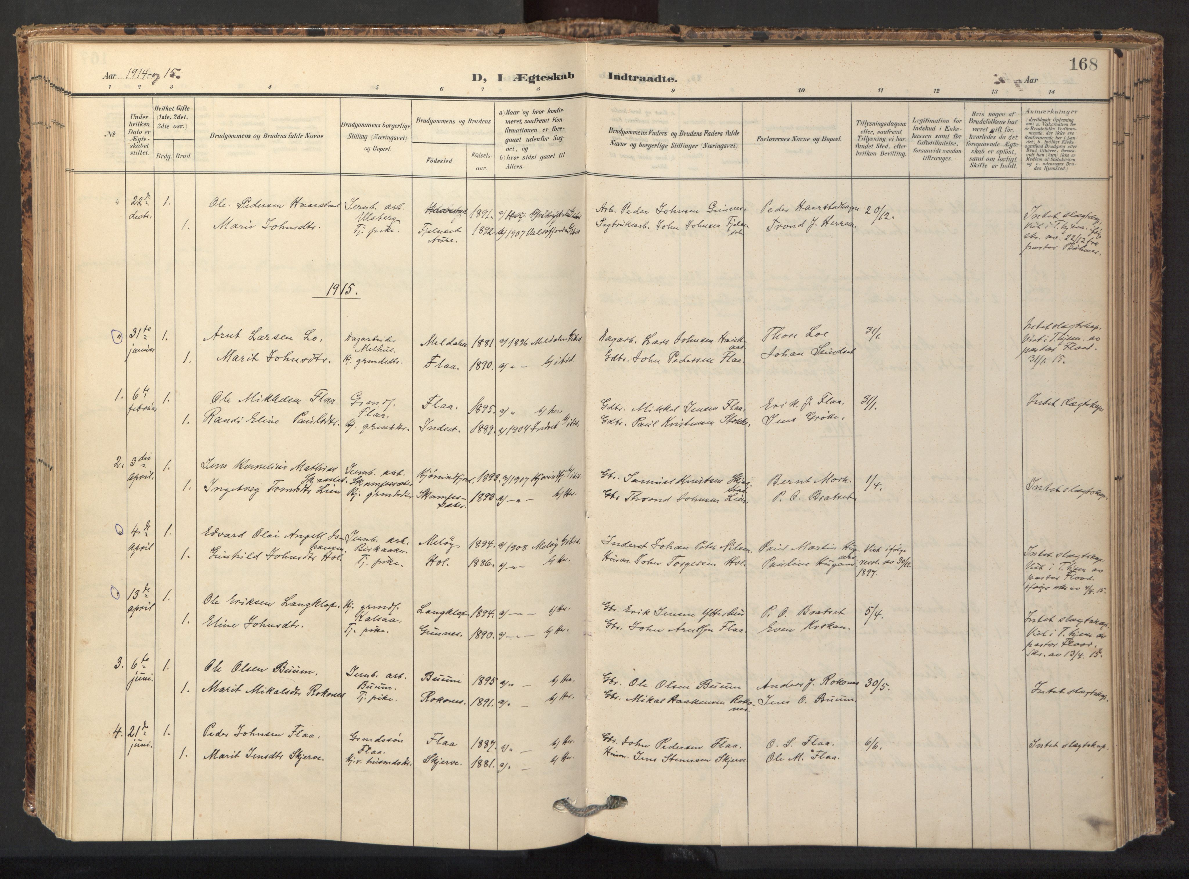 Ministerialprotokoller, klokkerbøker og fødselsregistre - Sør-Trøndelag, AV/SAT-A-1456/674/L0873: Parish register (official) no. 674A05, 1908-1923, p. 168