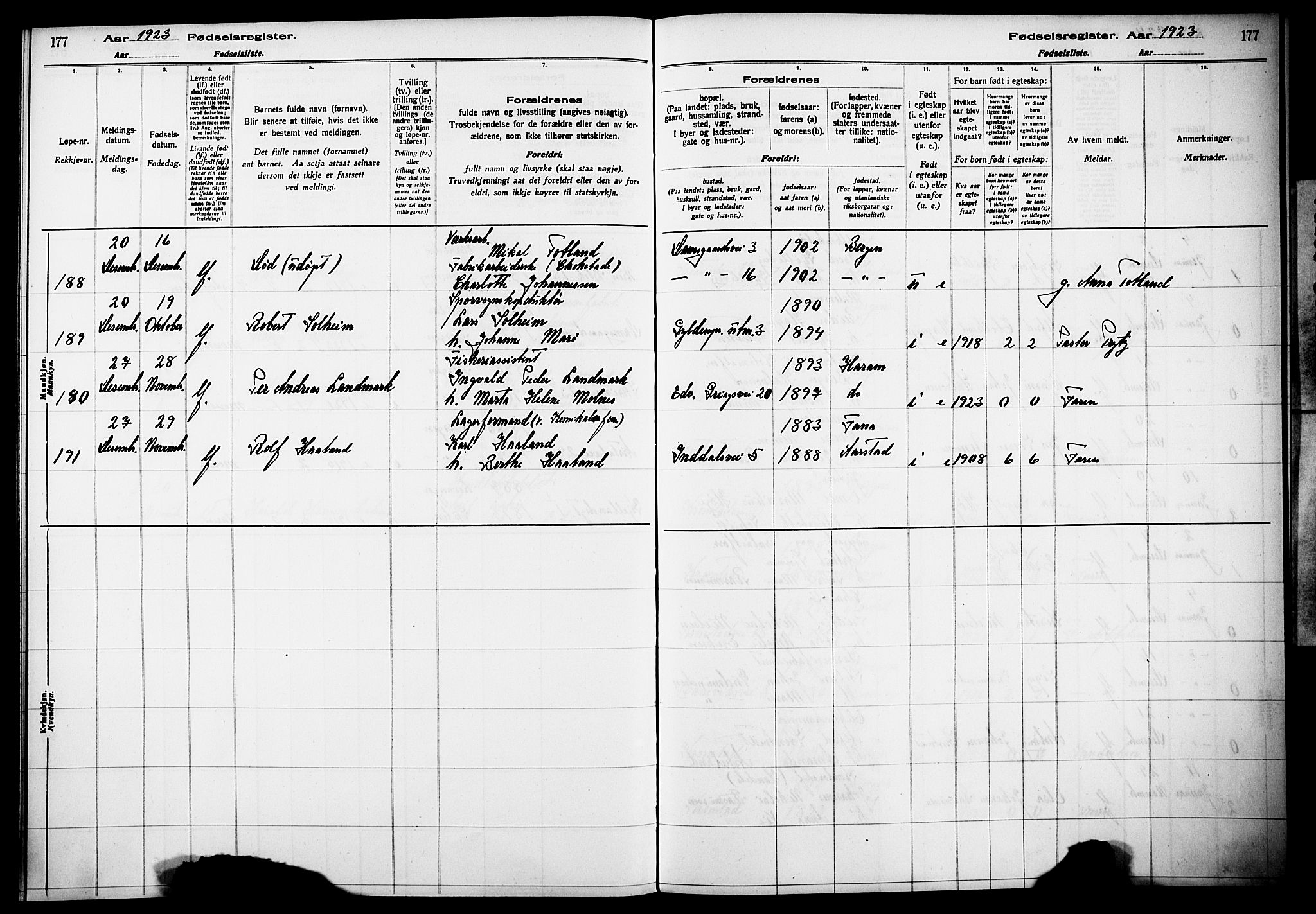 Årstad Sokneprestembete, AV/SAB-A-79301/I/Id/L0A02: Birth register no. A 2, 1920-1924, p. 177