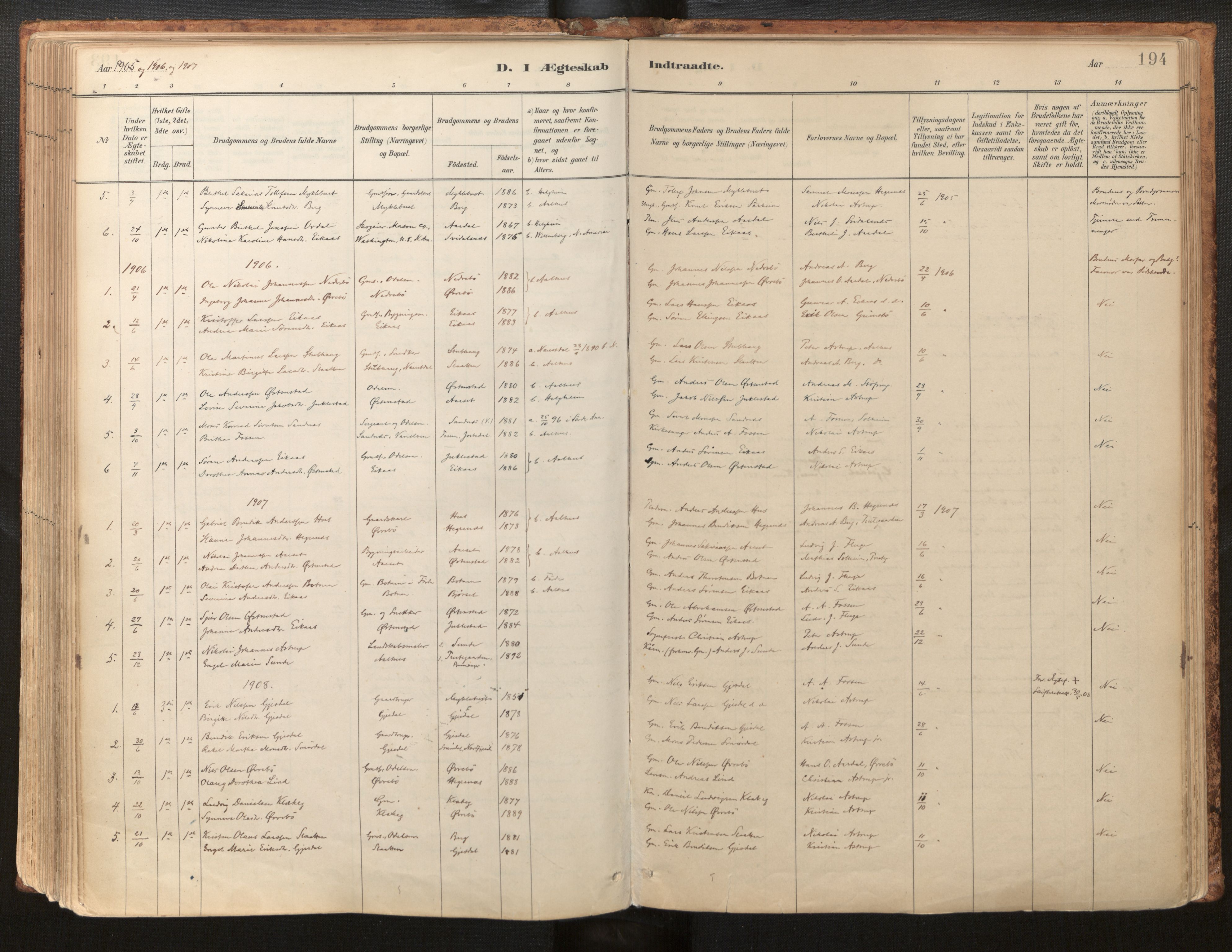 Jølster sokneprestembete, AV/SAB-A-80701/H/Haa/Haab/L0001: Parish register (official) no. B 1, 1882-1930, p. 194