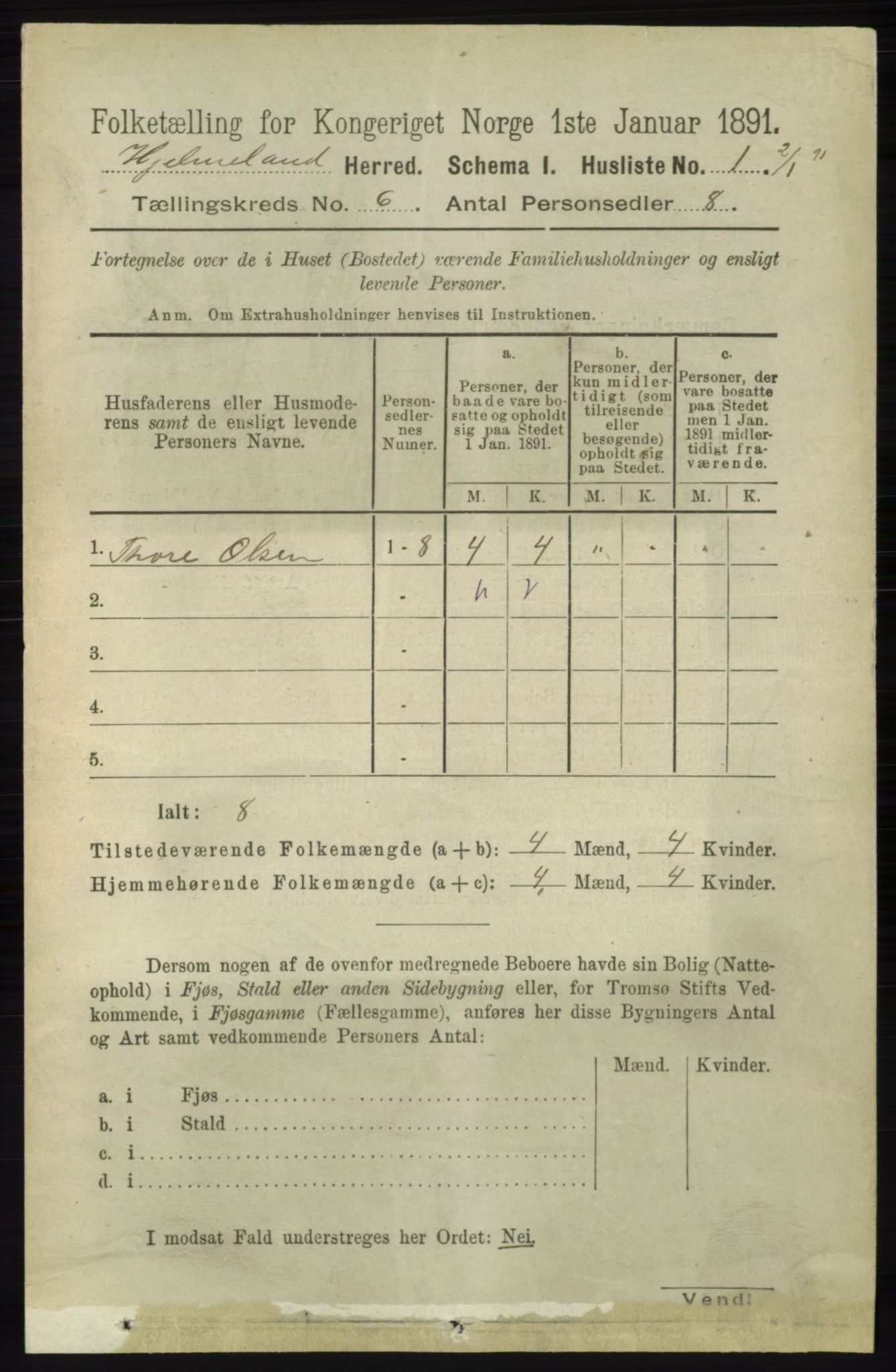 RA, 1891 census for 1133 Hjelmeland, 1891, p. 1497