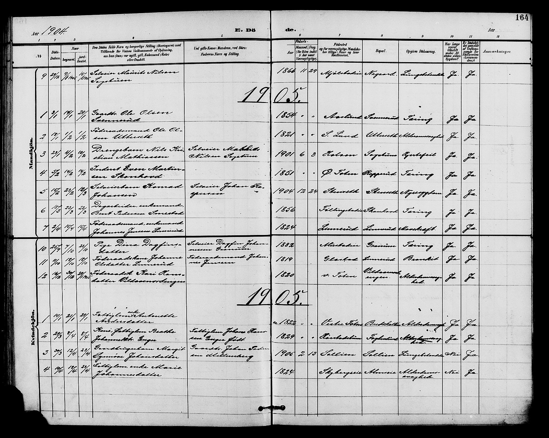 Vardal prestekontor, SAH/PREST-100/H/Ha/Hab/L0011: Parish register (copy) no. 11, 1899-1913, p. 164