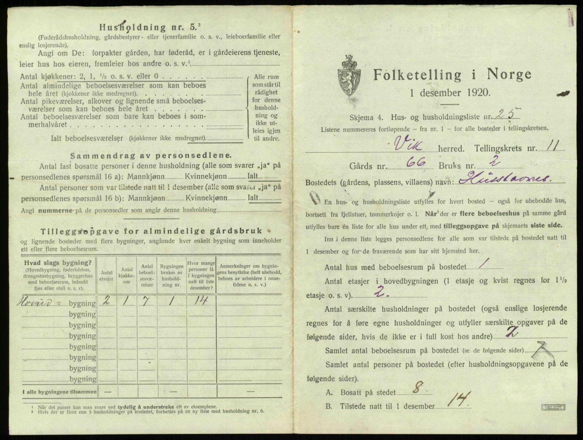 SAB, 1920 census for Vik, 1920, p. 1084