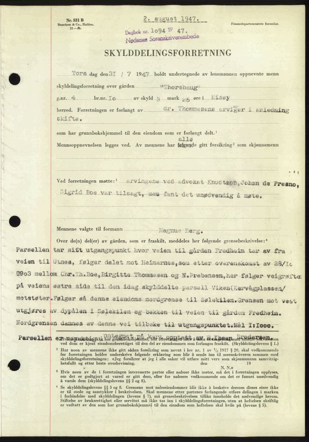 Nedenes sorenskriveri, SAK/1221-0006/G/Gb/Gba/L0057: Mortgage book no. A9, 1947-1947, Diary no: : 1094/1947