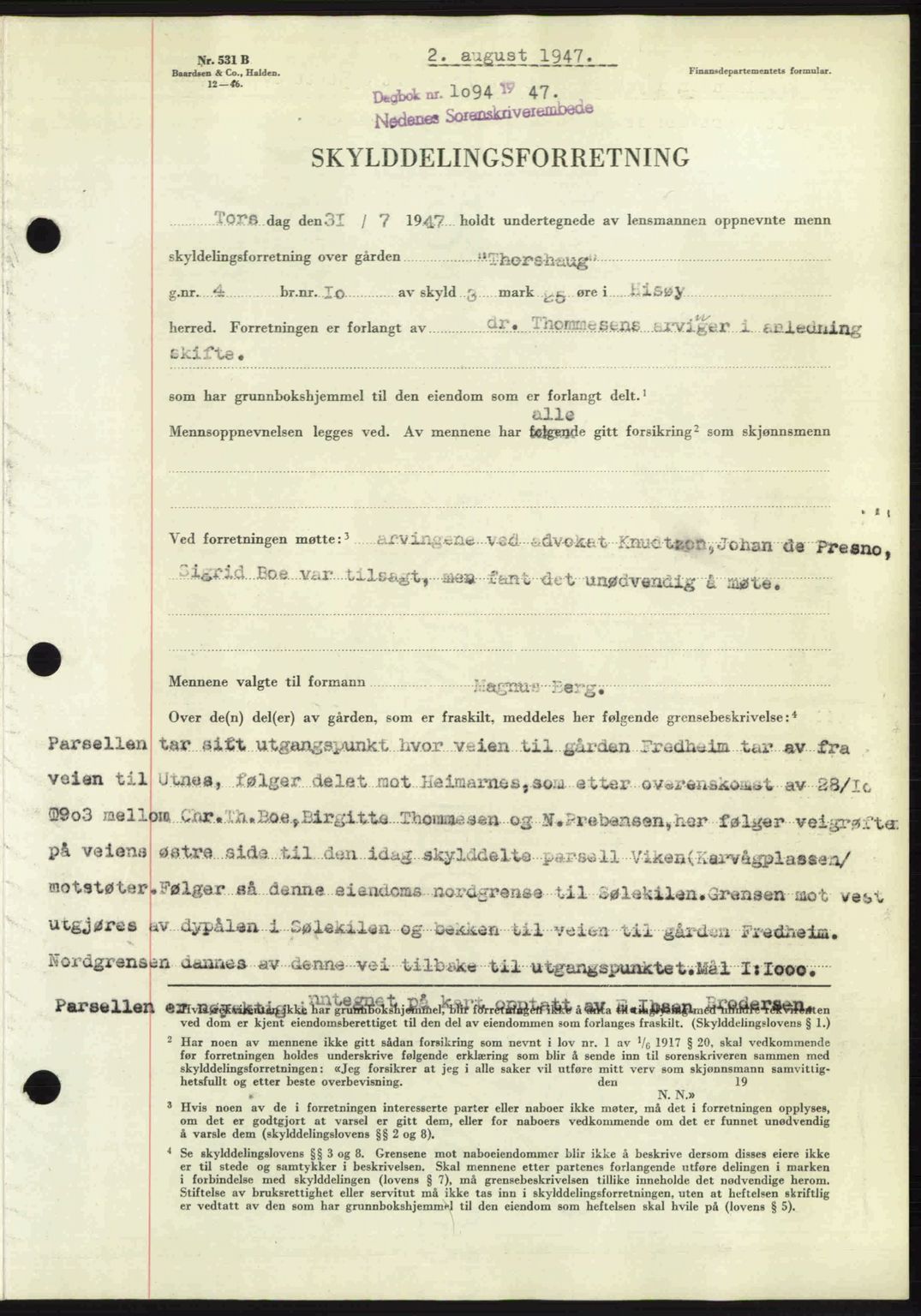 Nedenes sorenskriveri, AV/SAK-1221-0006/G/Gb/Gba/L0057: Mortgage book no. A9, 1947-1947, Diary no: : 1094/1947