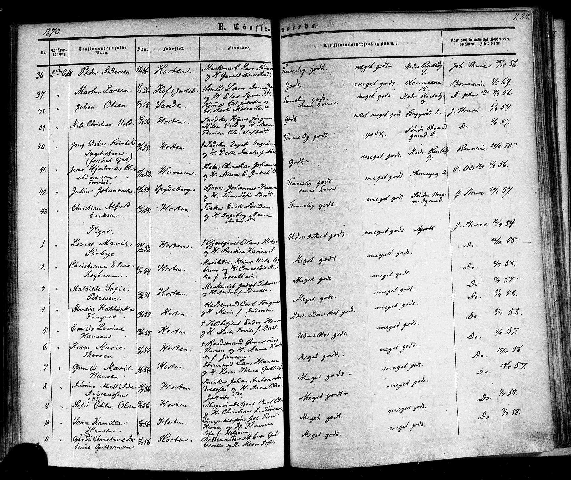 Horten kirkebøker, AV/SAKO-A-348/F/Fa/L0001: Parish register (official) no. 1, 1855-1871, p. 239