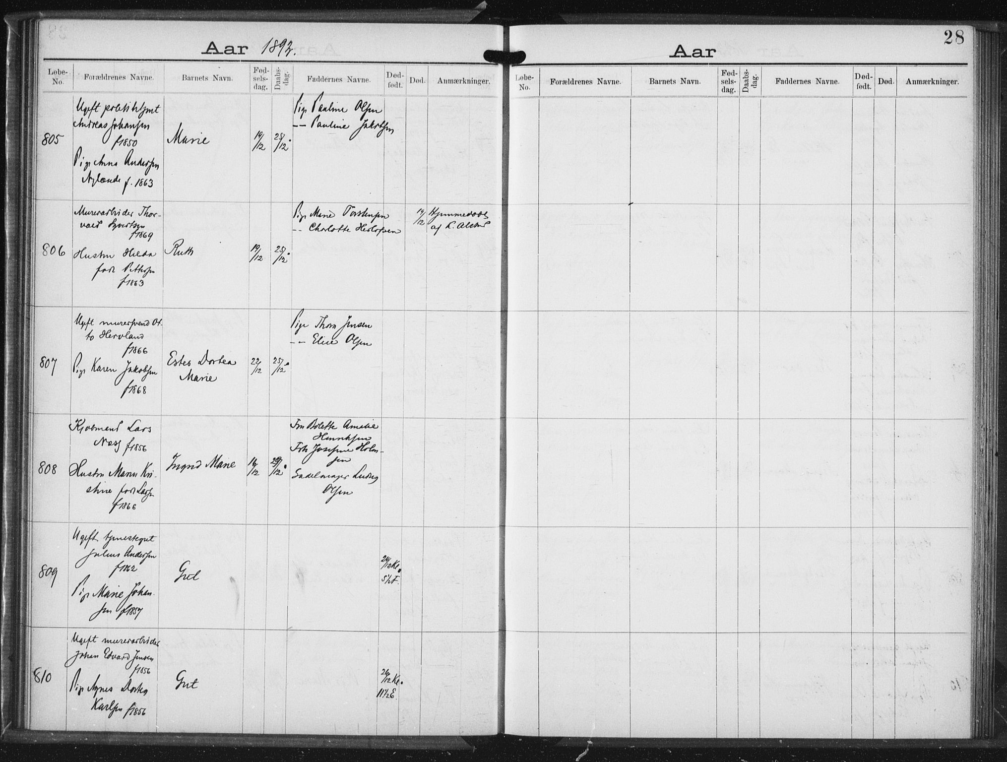 Rikshospitalet prestekontor Kirkebøker, AV/SAO-A-10309b/K/L0004/0001: Baptism register no. 4.1, 1892-1895, p. 28