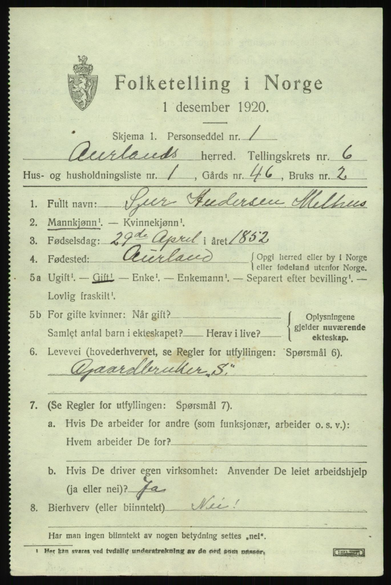 SAB, 1920 census for Aurland, 1920, p. 3866