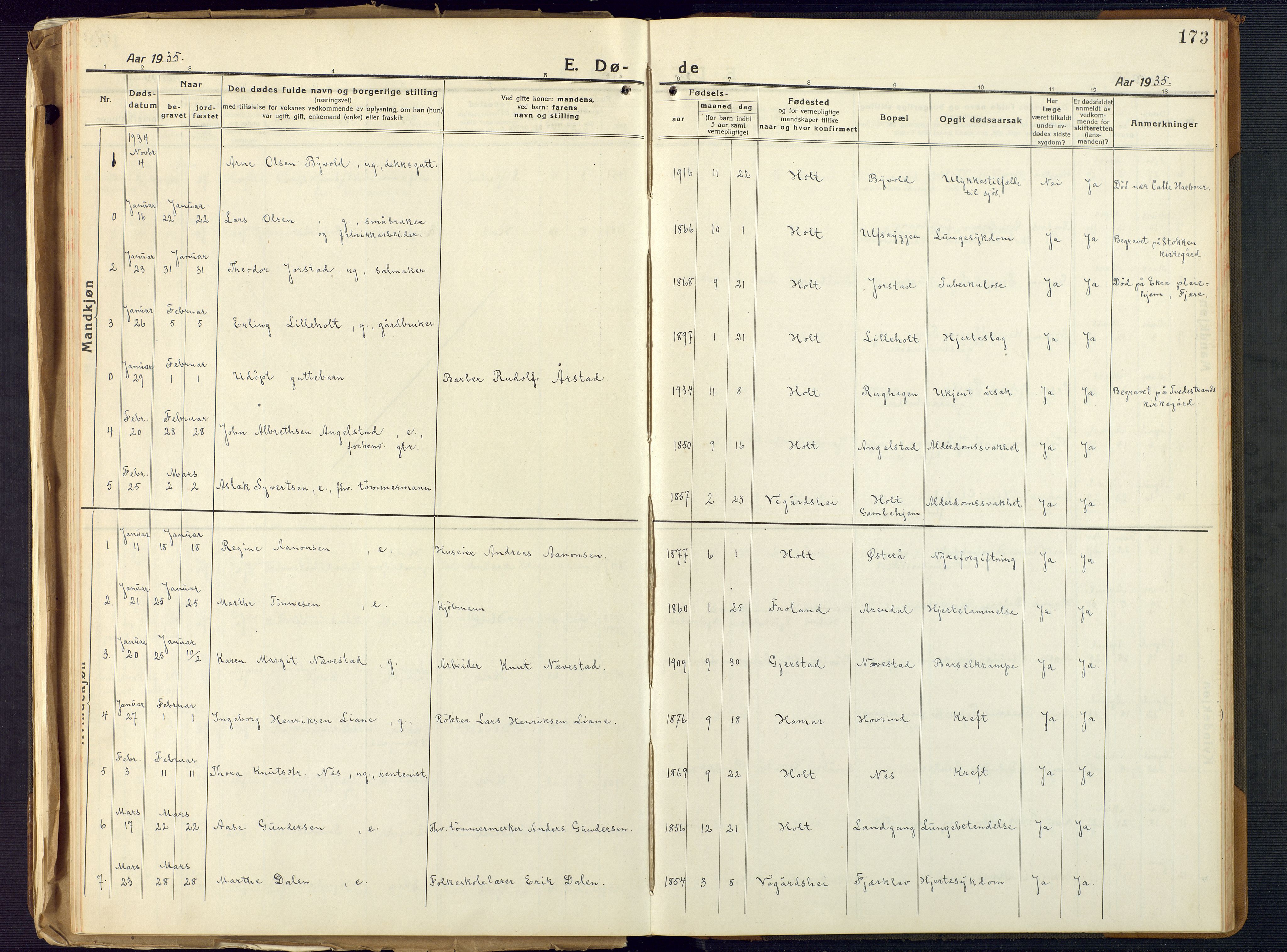 Holt sokneprestkontor, SAK/1111-0021/F/Fb/L0012: Parish register (copy) no. B 12, 1919-1944, p. 173