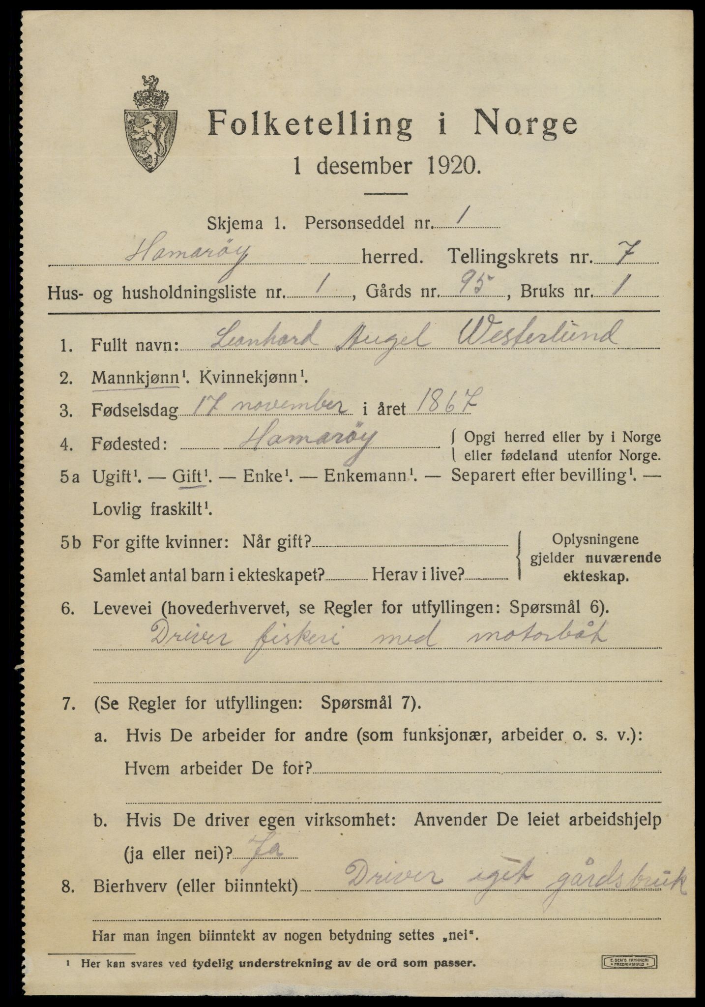 SAT, 1920 census for Hamarøy, 1920, p. 3178