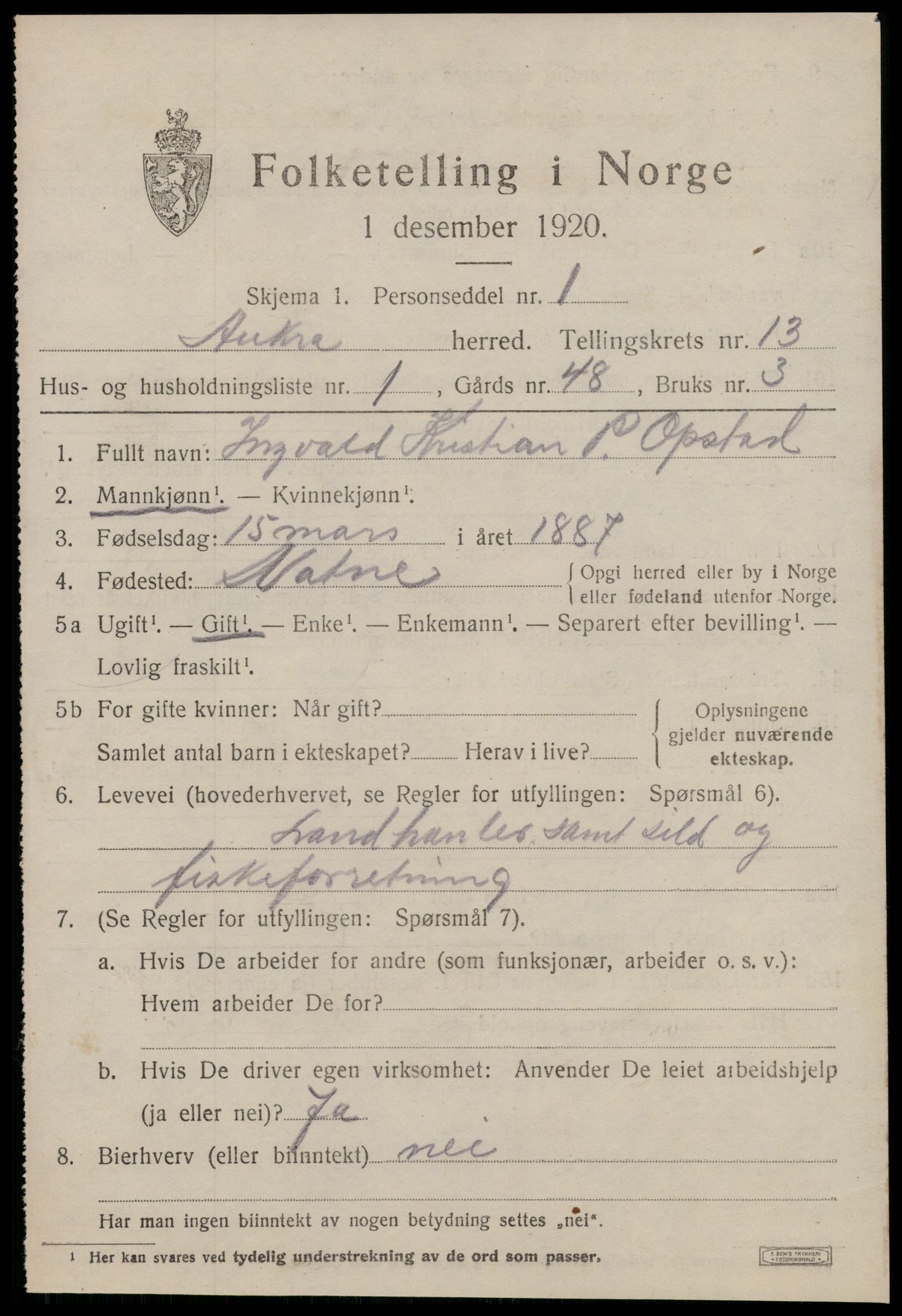 SAT, 1920 census for Aukra, 1920, p. 5477