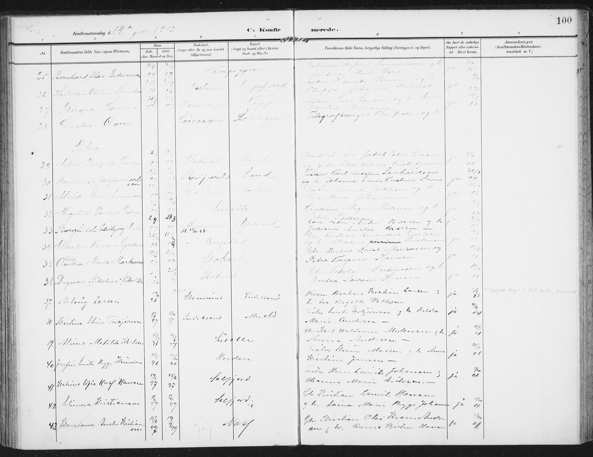 Ministerialprotokoller, klokkerbøker og fødselsregistre - Nordland, AV/SAT-A-1459/885/L1206: Parish register (official) no. 885A07, 1905-1915, p. 100