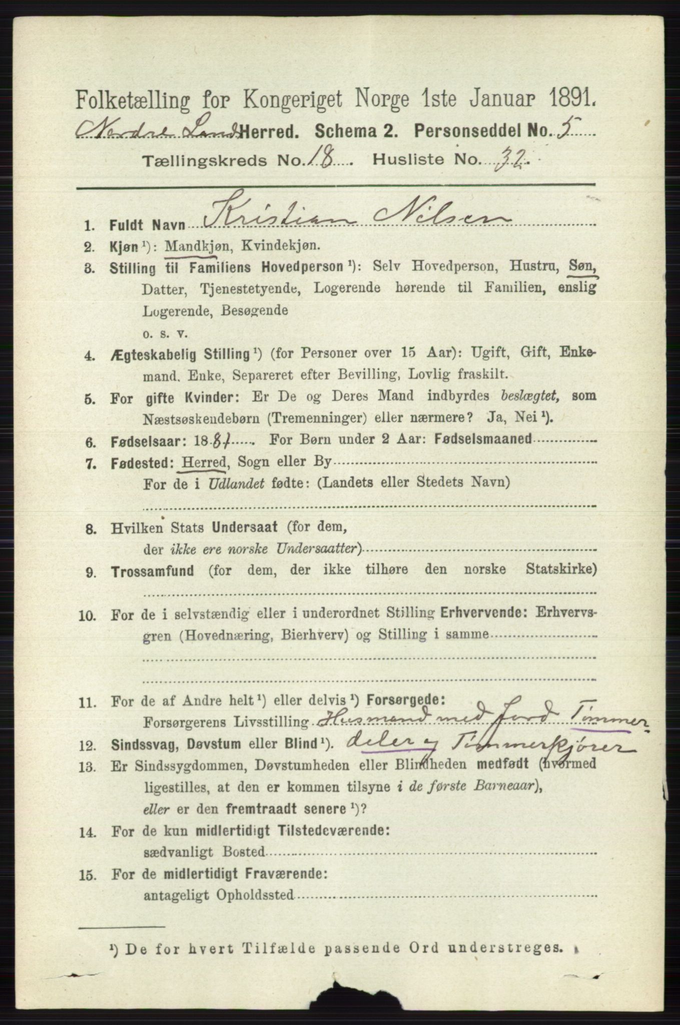 RA, 1891 census for 0538 Nordre Land, 1891, p. 4589