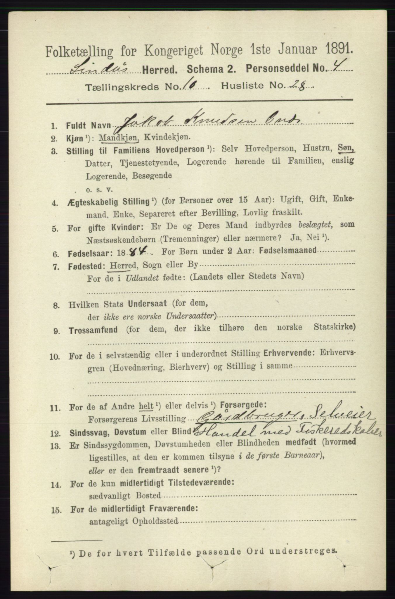 RA, 1891 census for 1263 Lindås, 1891, p. 3605